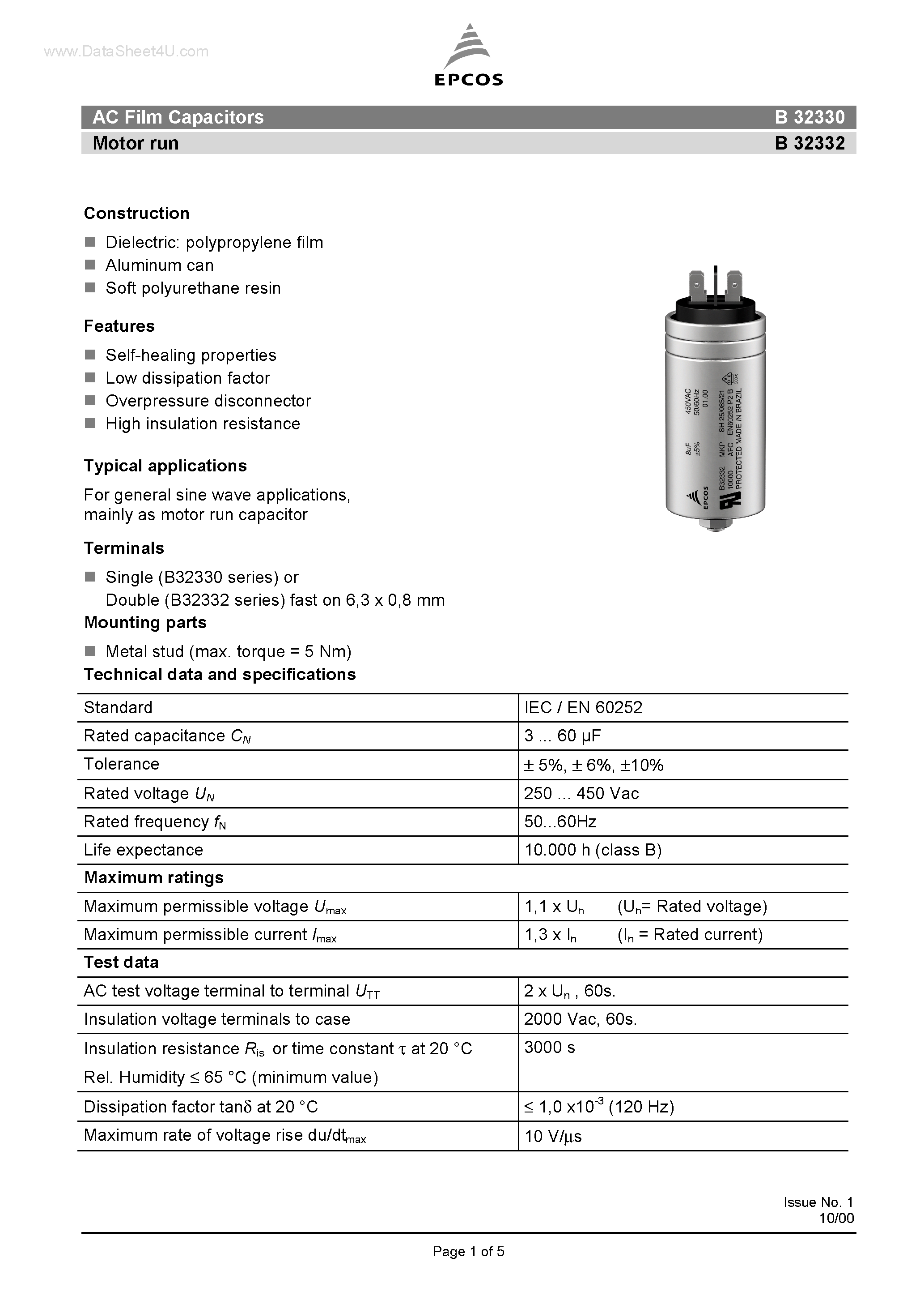 Datasheet B32330 - (B32330 / B32332) AC Film Capacitors Motor run page 1