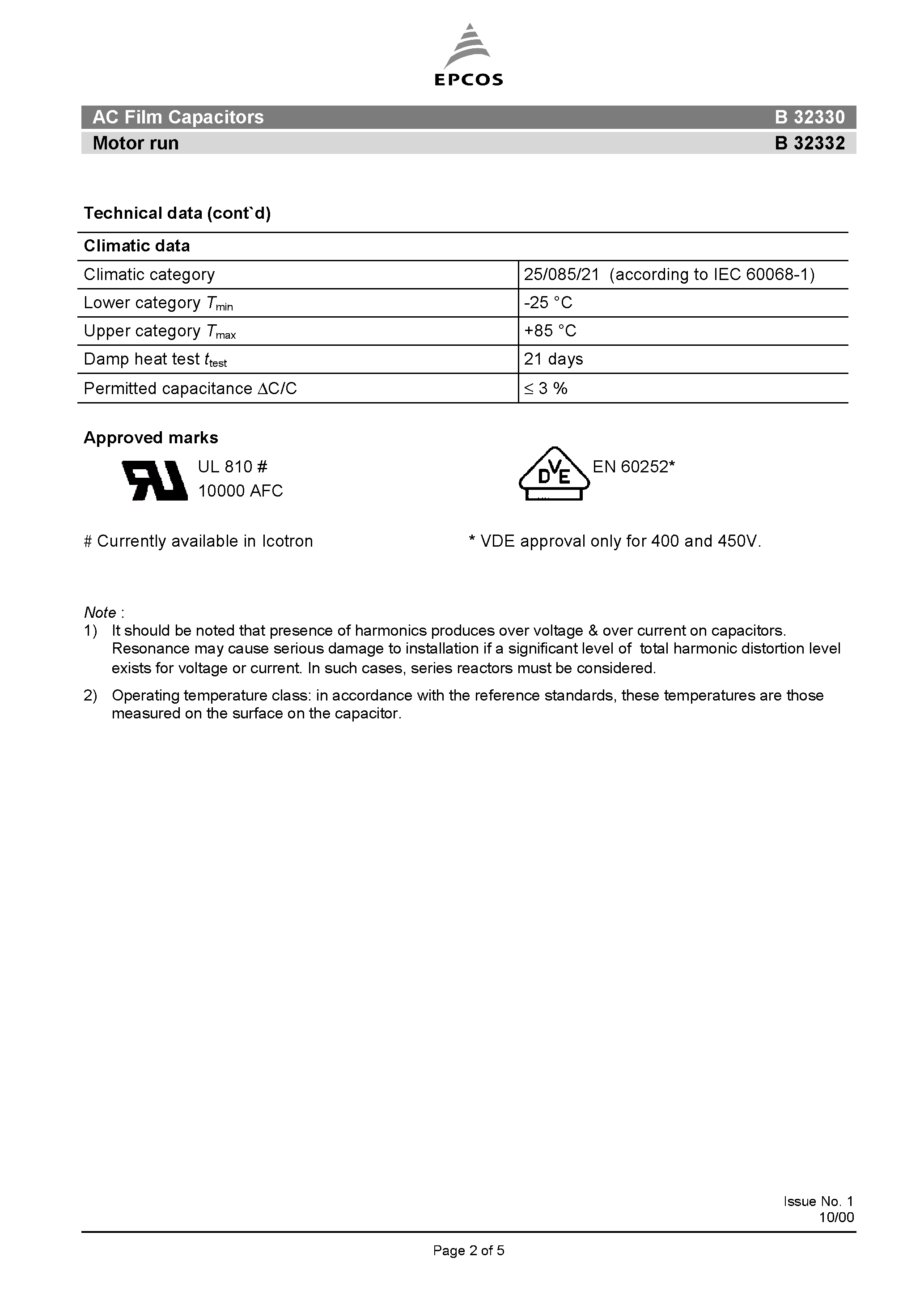 Datasheet B32330 - (B32330 / B32332) AC Film Capacitors Motor run page 2