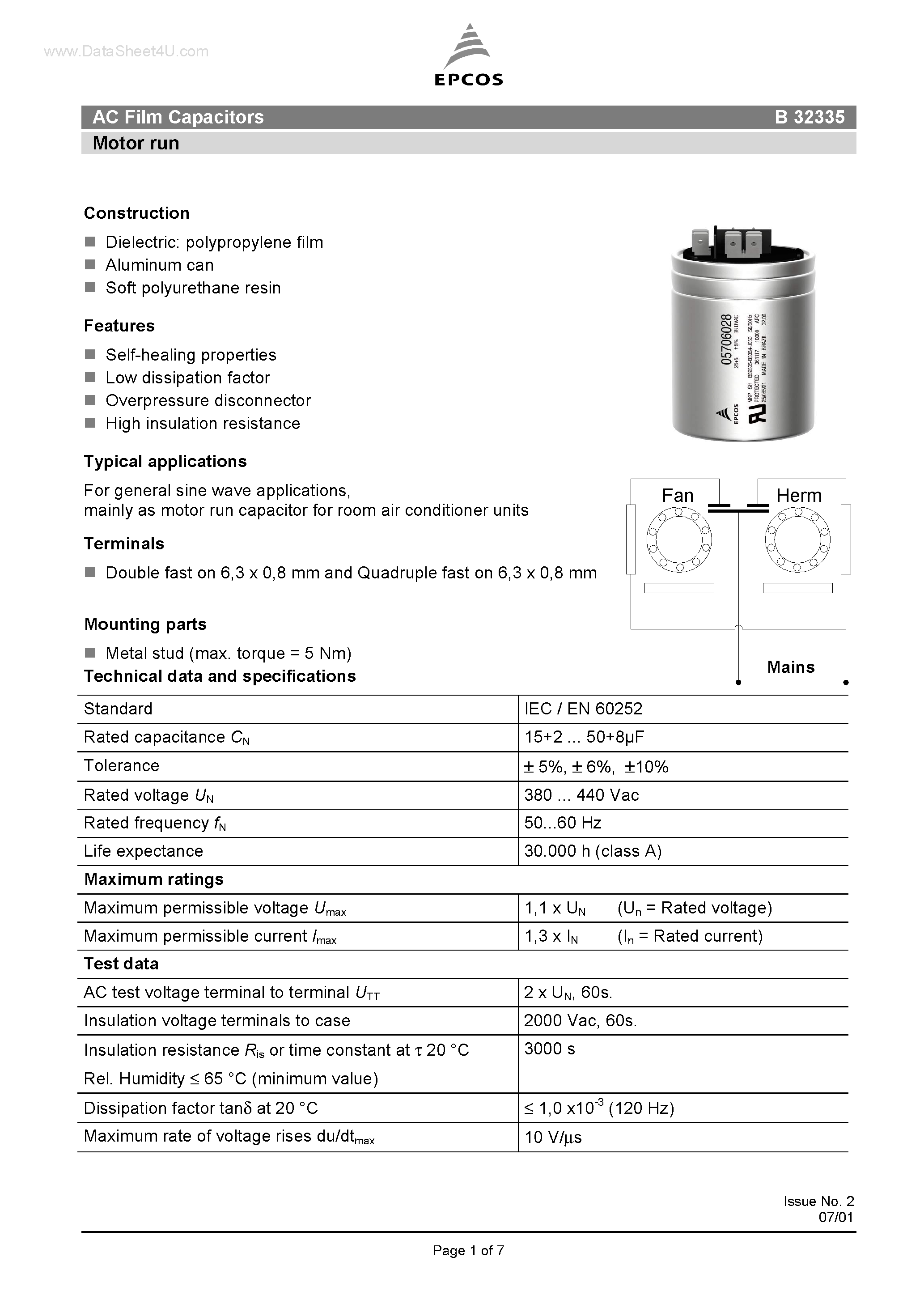 Datasheet B32335 - AC Film Capacitors Motor run page 1
