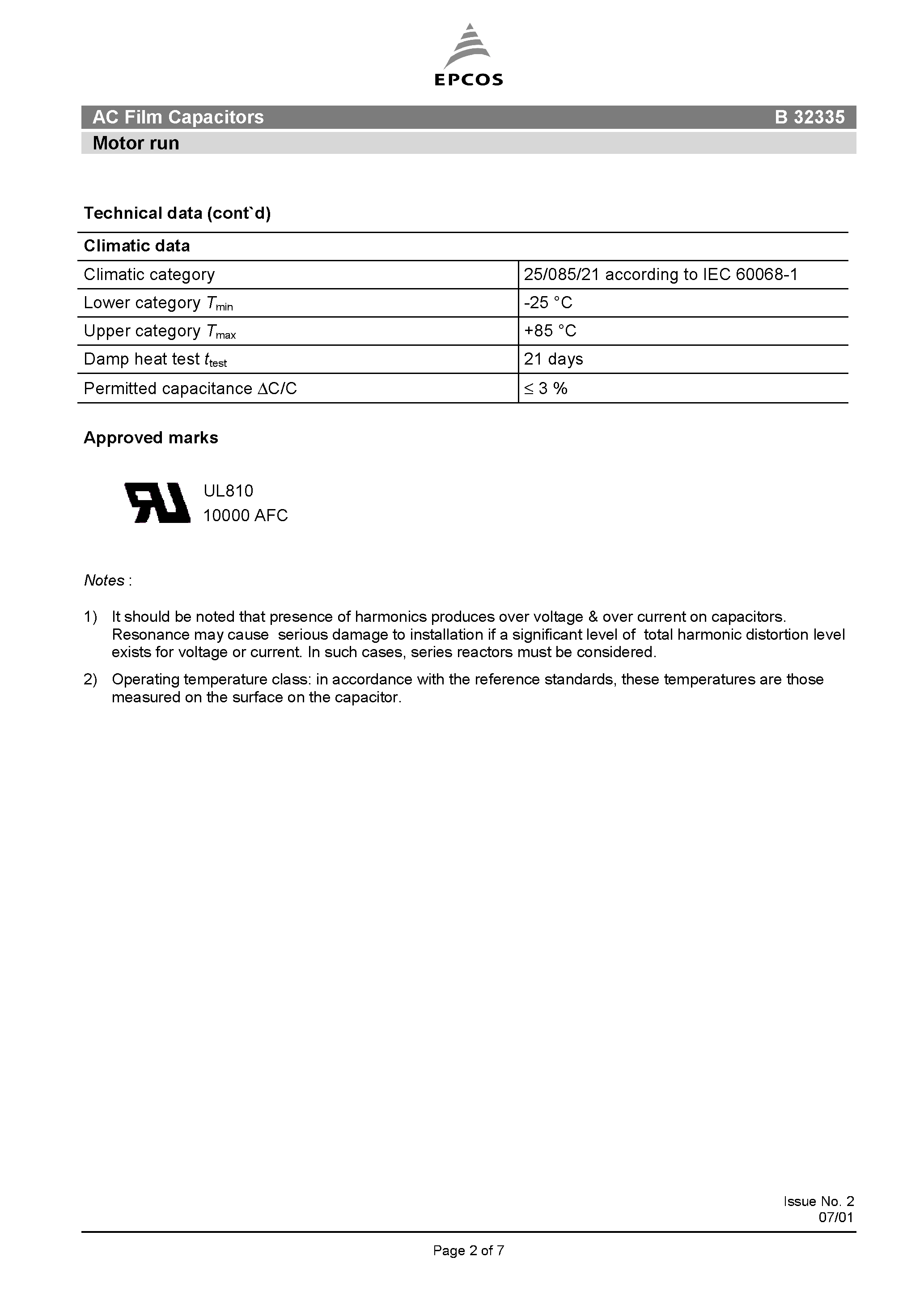 Datasheet B32335 - AC Film Capacitors Motor run page 2