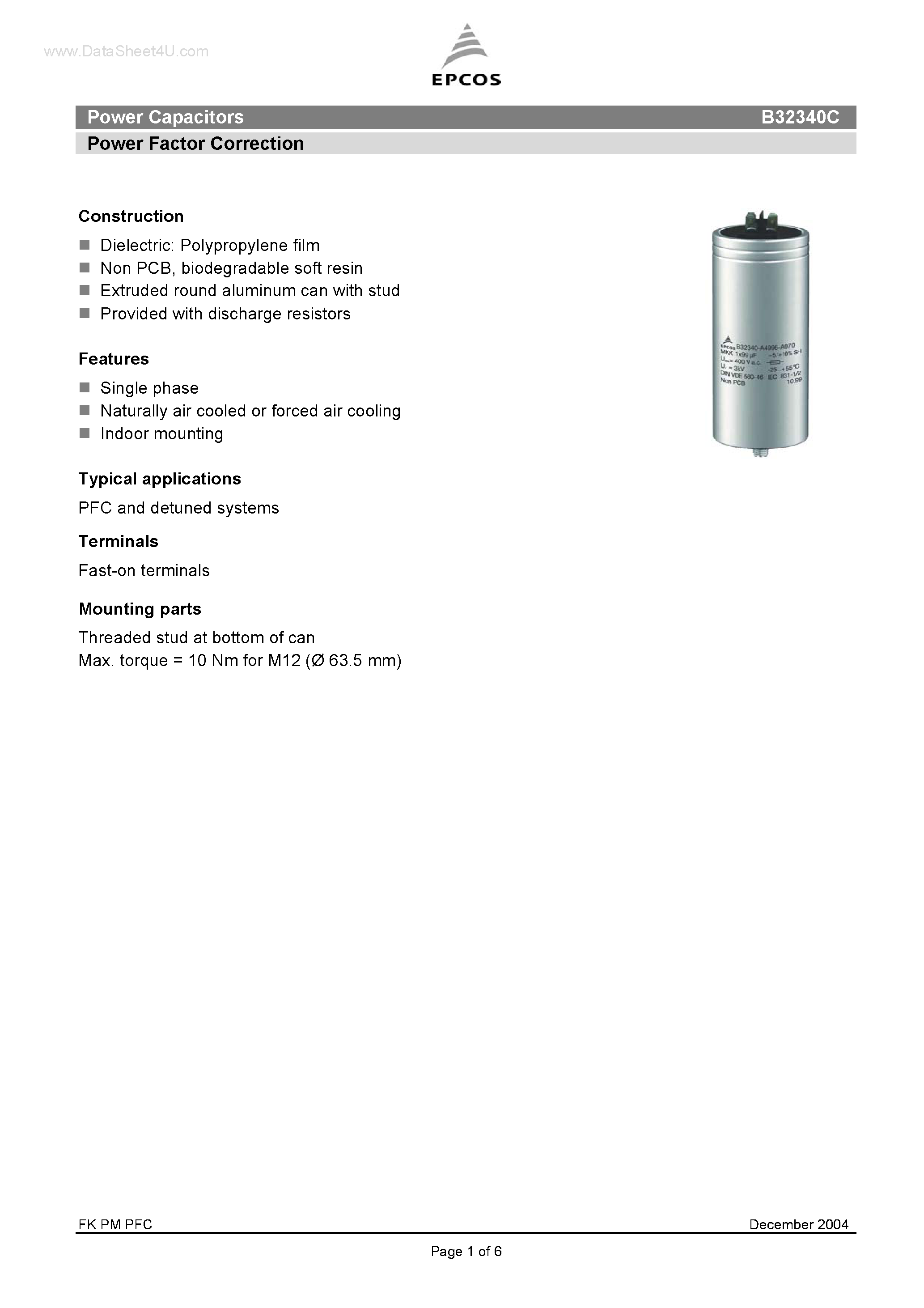 Datasheet B32340C - Power Capacitors Power Factor Correction page 1