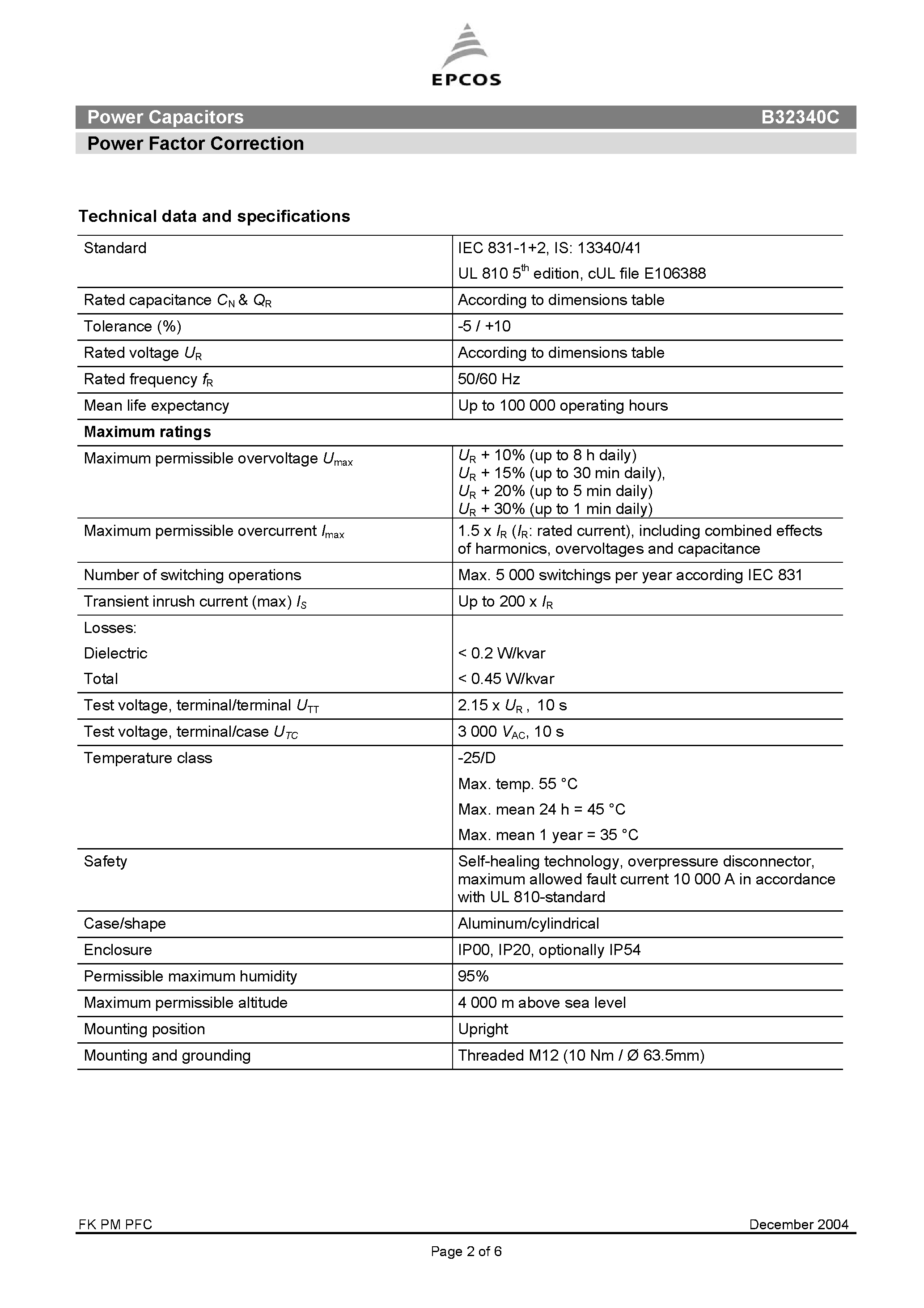 Datasheet B32340C - Power Capacitors Power Factor Correction page 2