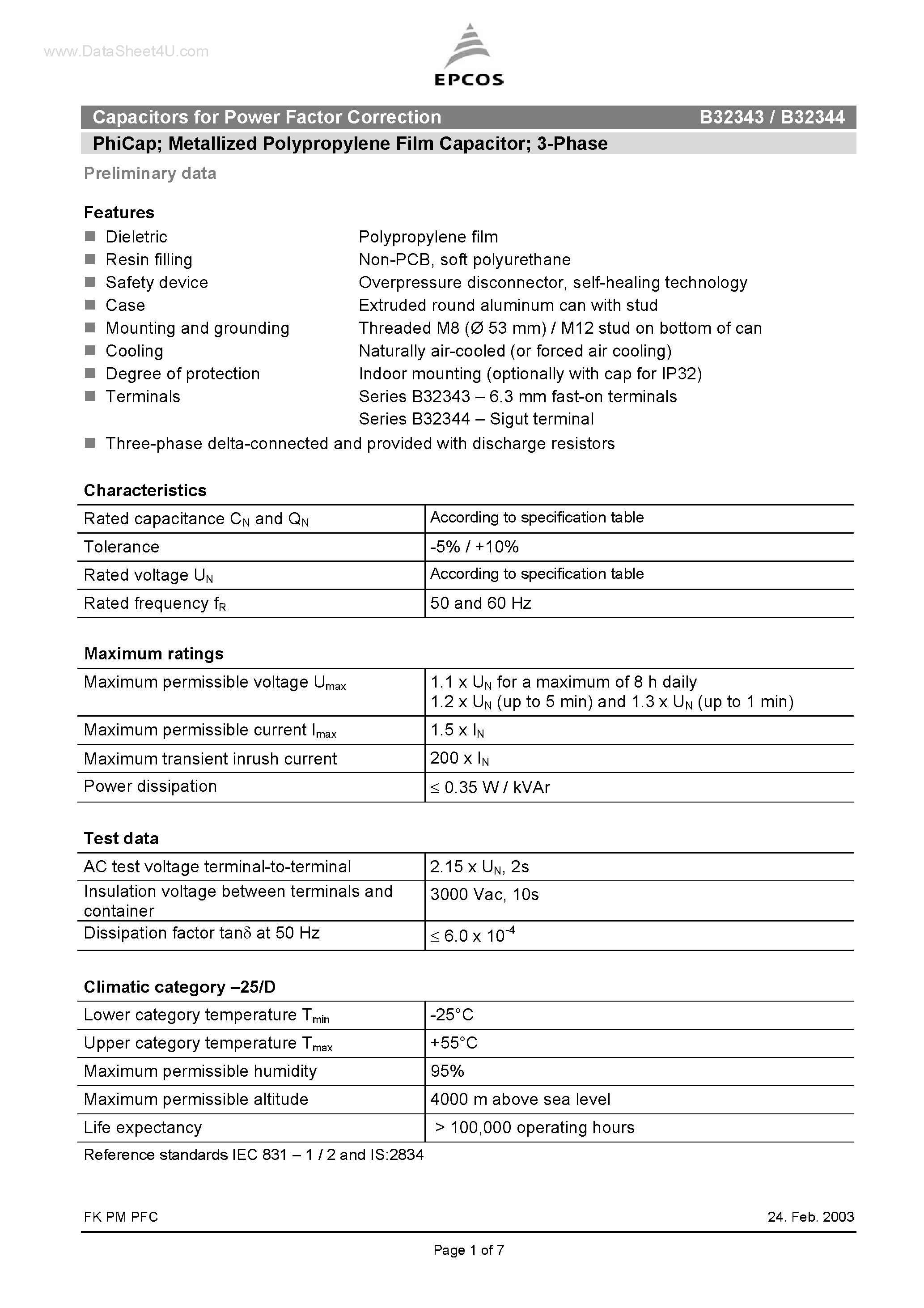 Datasheet B32343 - (B32343 / B32344) Capacitors page 1