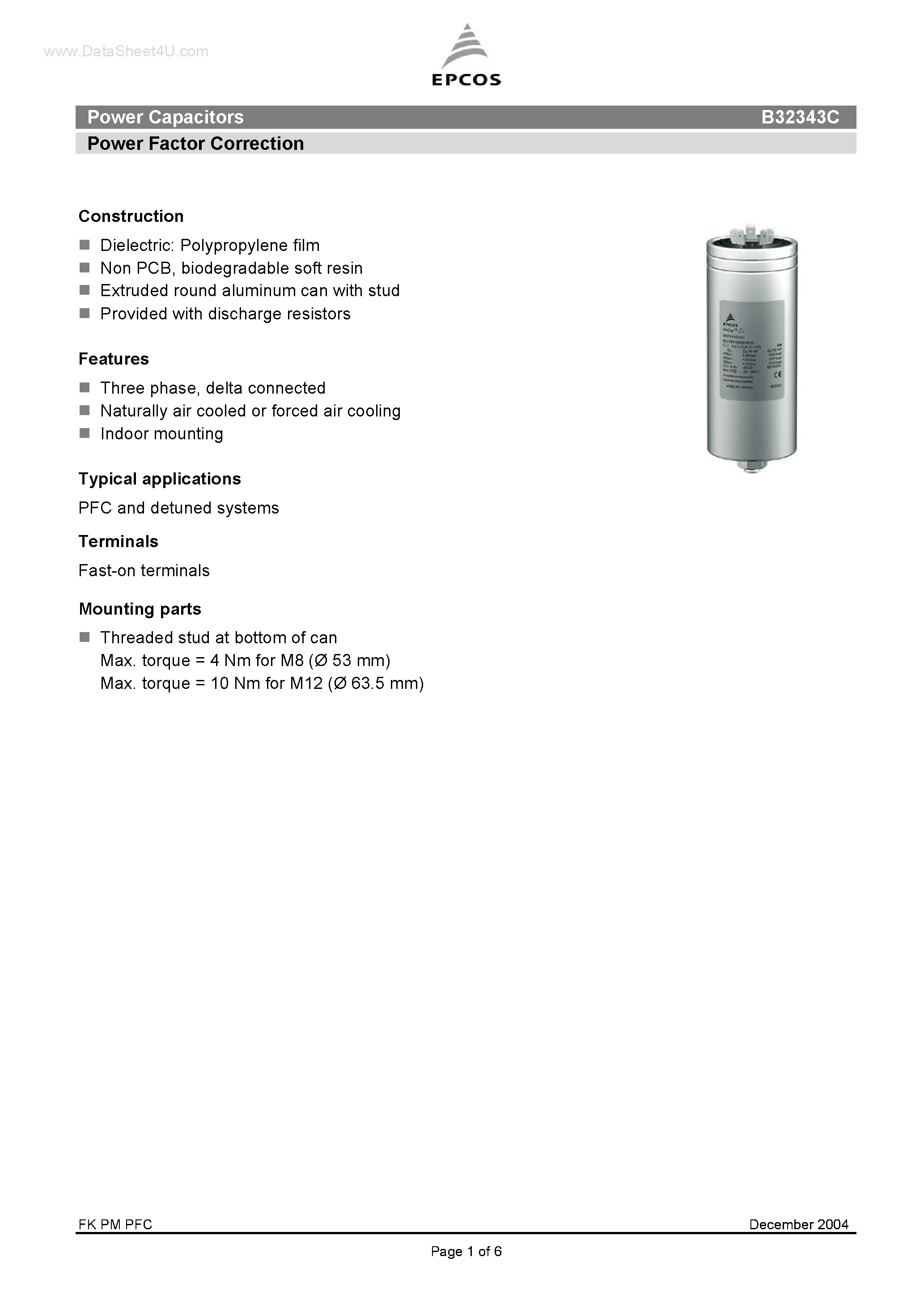 Datasheet B32343C - Power Capacitors Power Factor Correction page 1