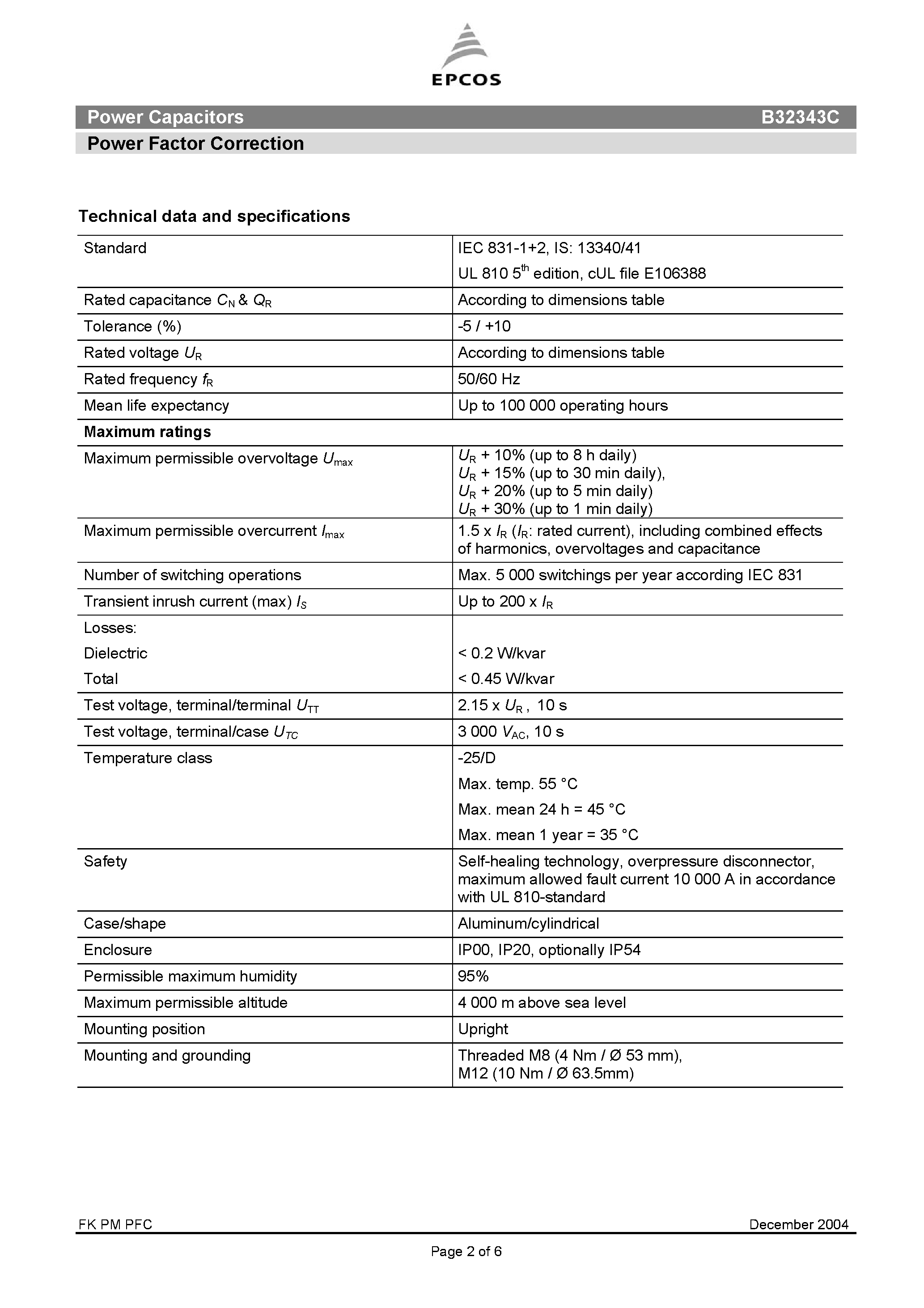 Datasheet B32343C - Power Capacitors Power Factor Correction page 2