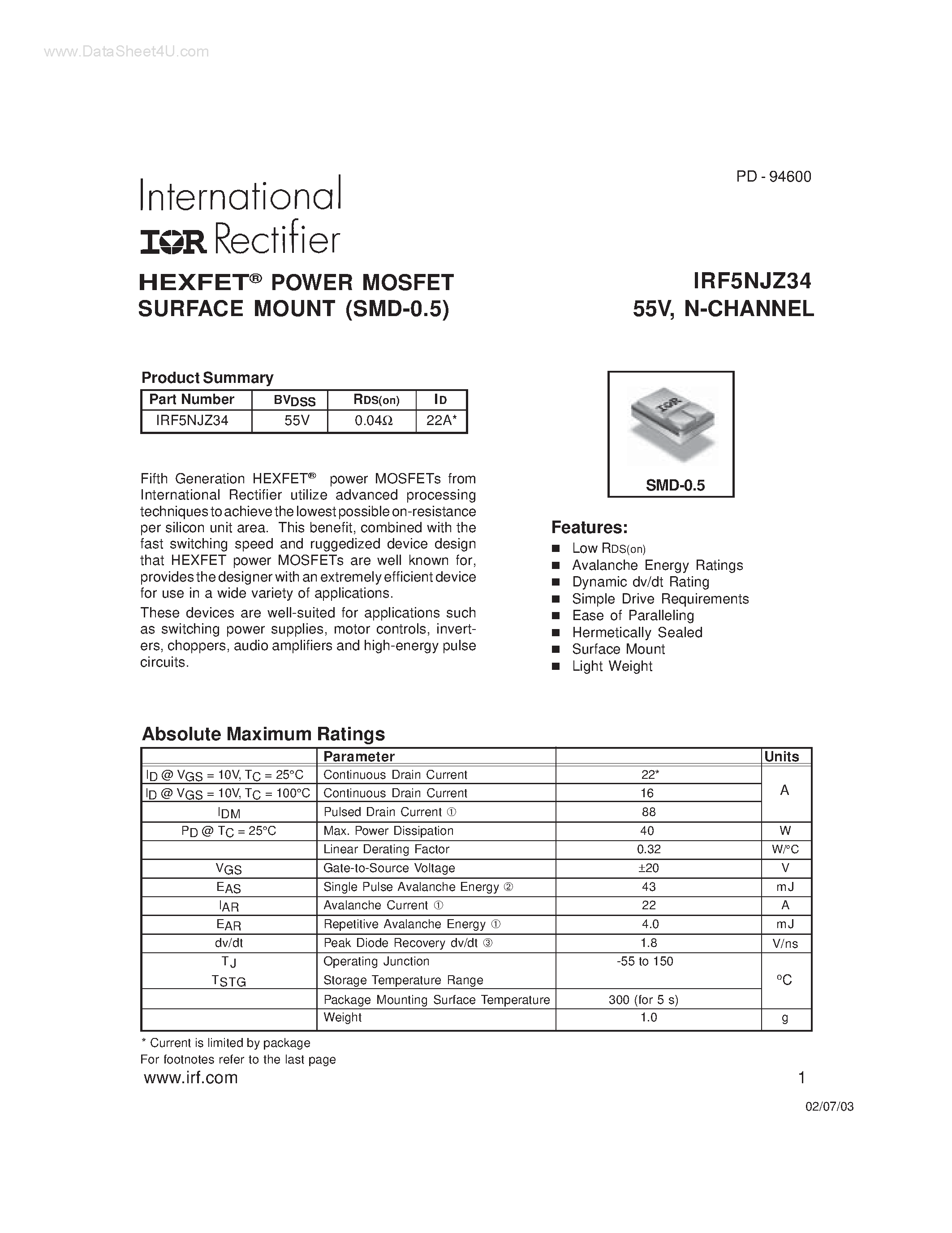 Datasheet IRF5NJZ34 page 1 Datasheet IRF5NJZ34 - HEXFET POWER MOSFET SURFACE MOUNT page 1