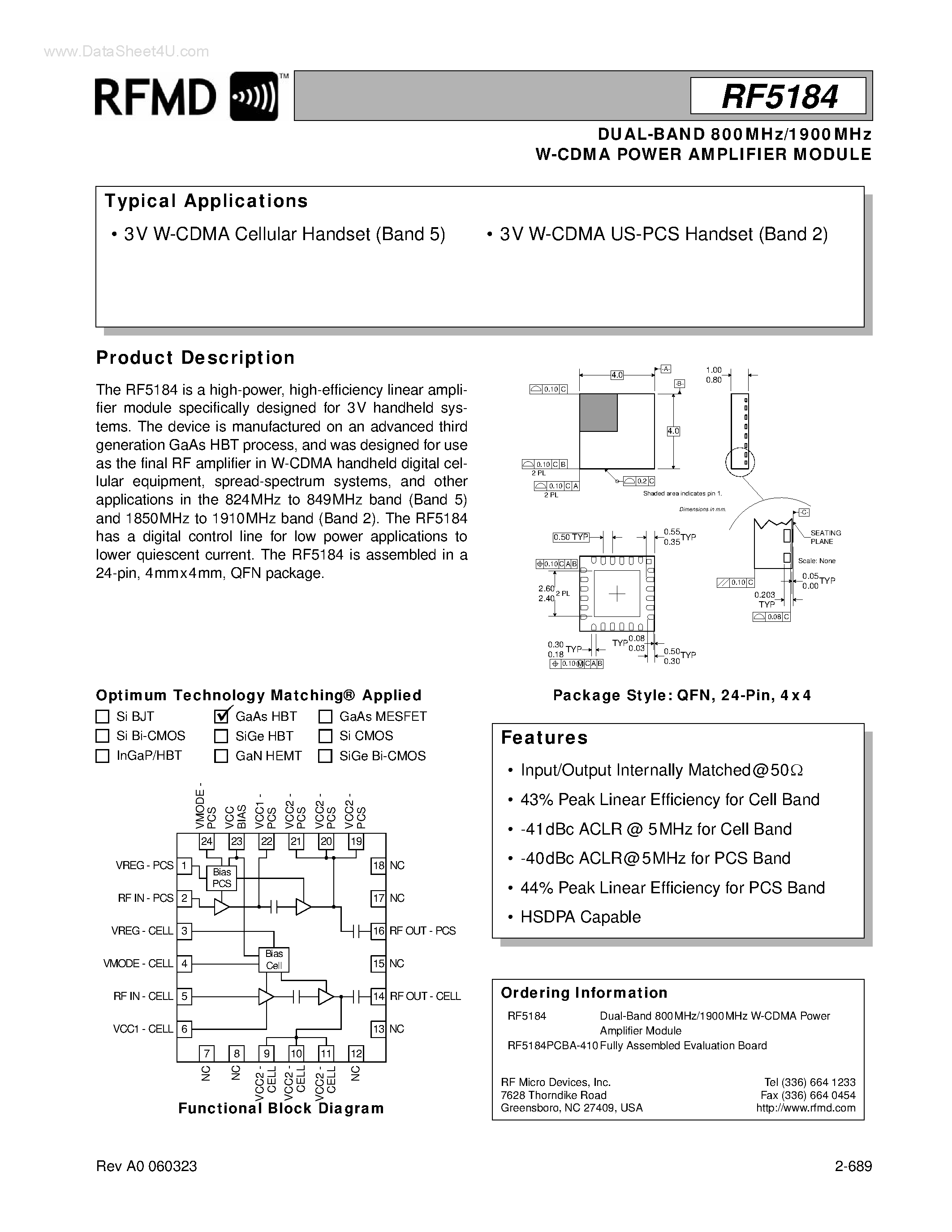Даташит RF5184 - W-CDMA POWER AMPLIFIER MODULE страница 1