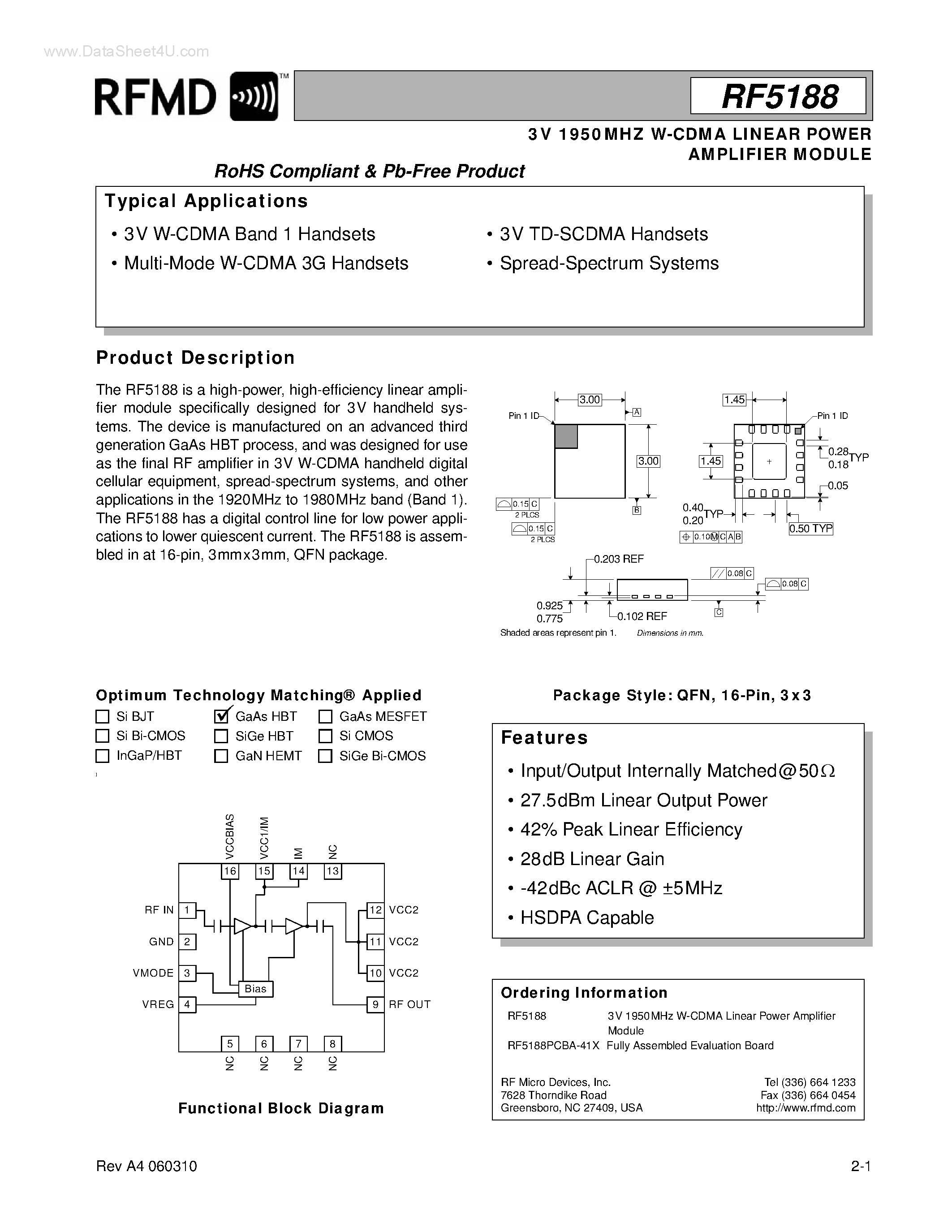 Даташит RF5188 - W-CDMA LINEAR POWER AMPLIFIER MODULE страница 1