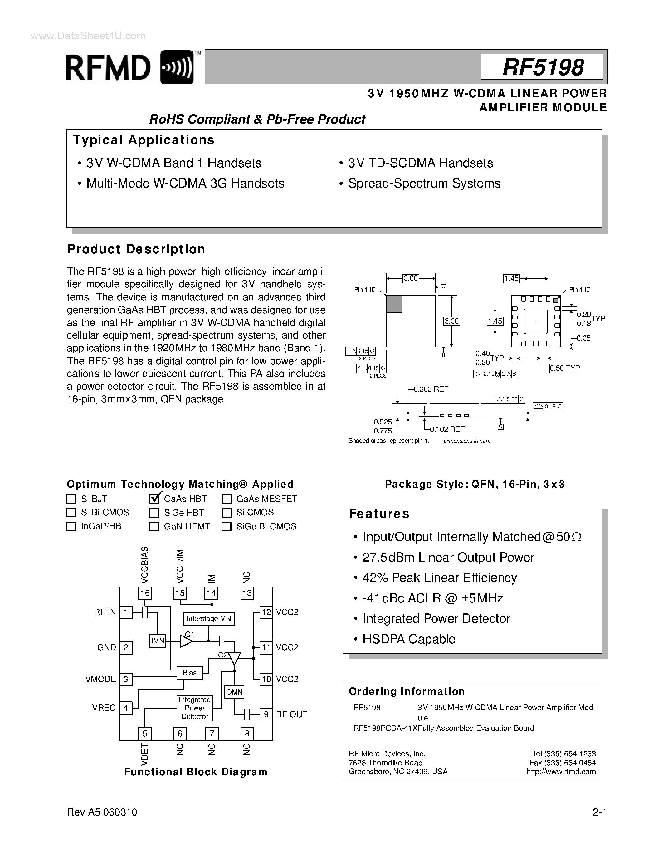Даташит RF5198 - W-CDMA LINEAR POWER AMPLIFIER MODULE страница 1