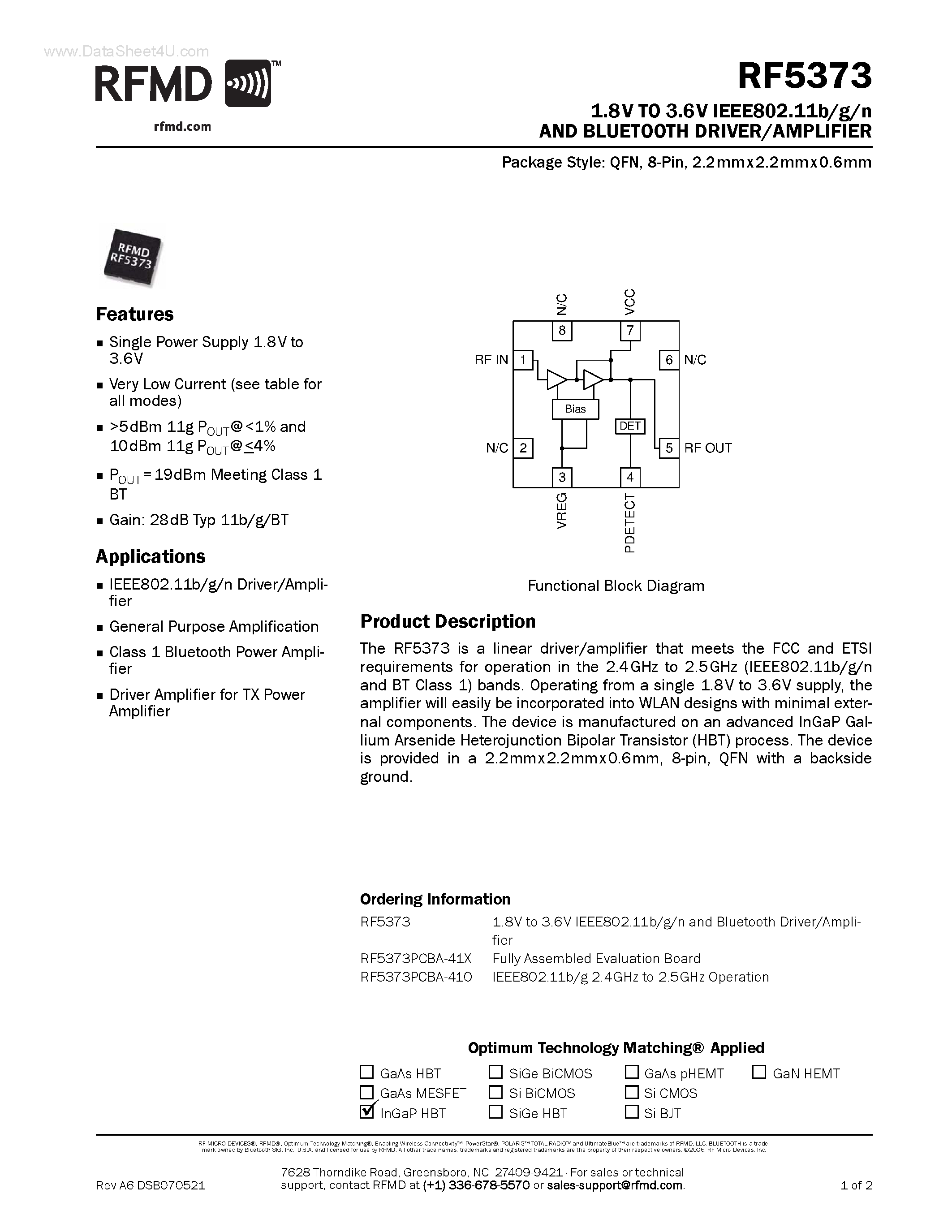Datasheet RF5373 page 1 Datasheet RF5373 - IEEE802.11b/g/n AND BLUETOOTH DRIVER/AMPLIFIER page 1