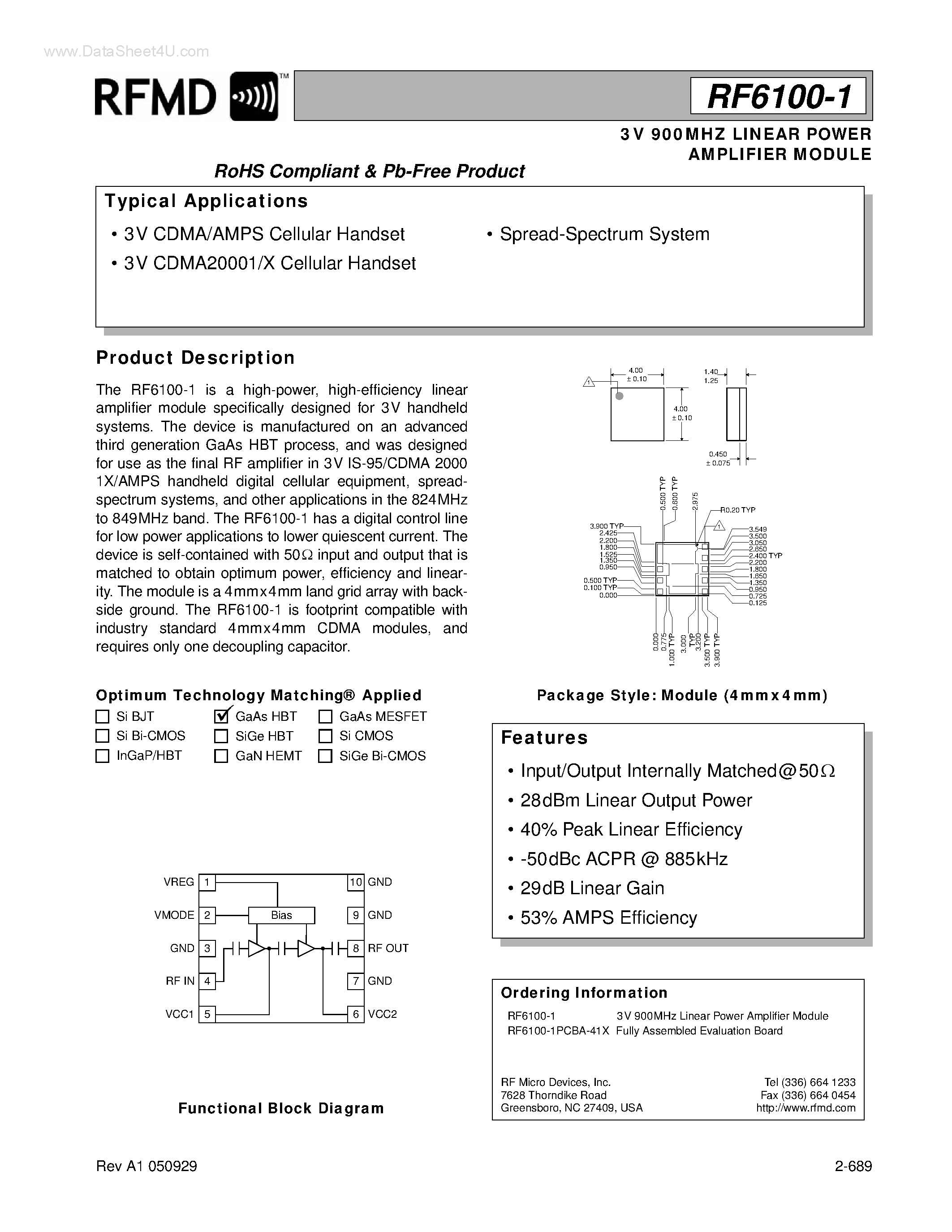 Datasheet RF6100-1 - LINEAR POWER AMPLIFIER MODULE page 1