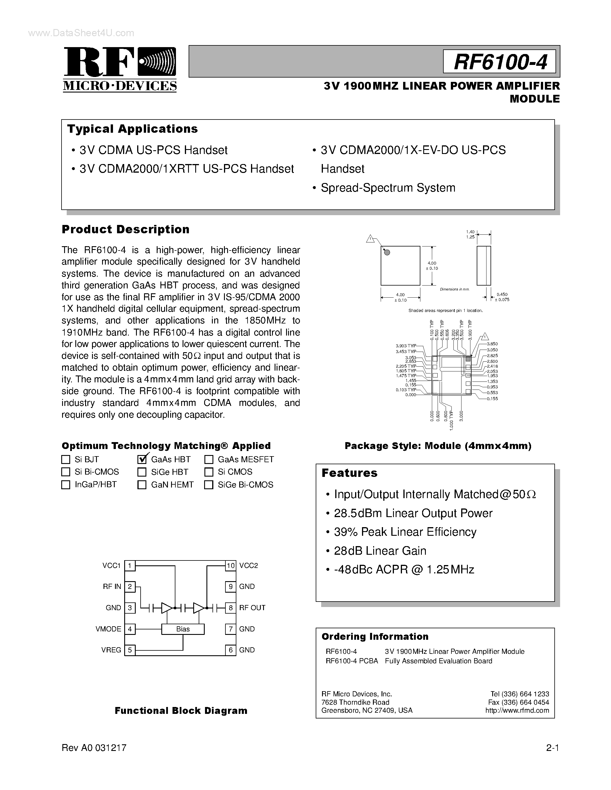 Datasheet RF6100-4 - LINEAR POWER AMPLIFIER MODULE page 1