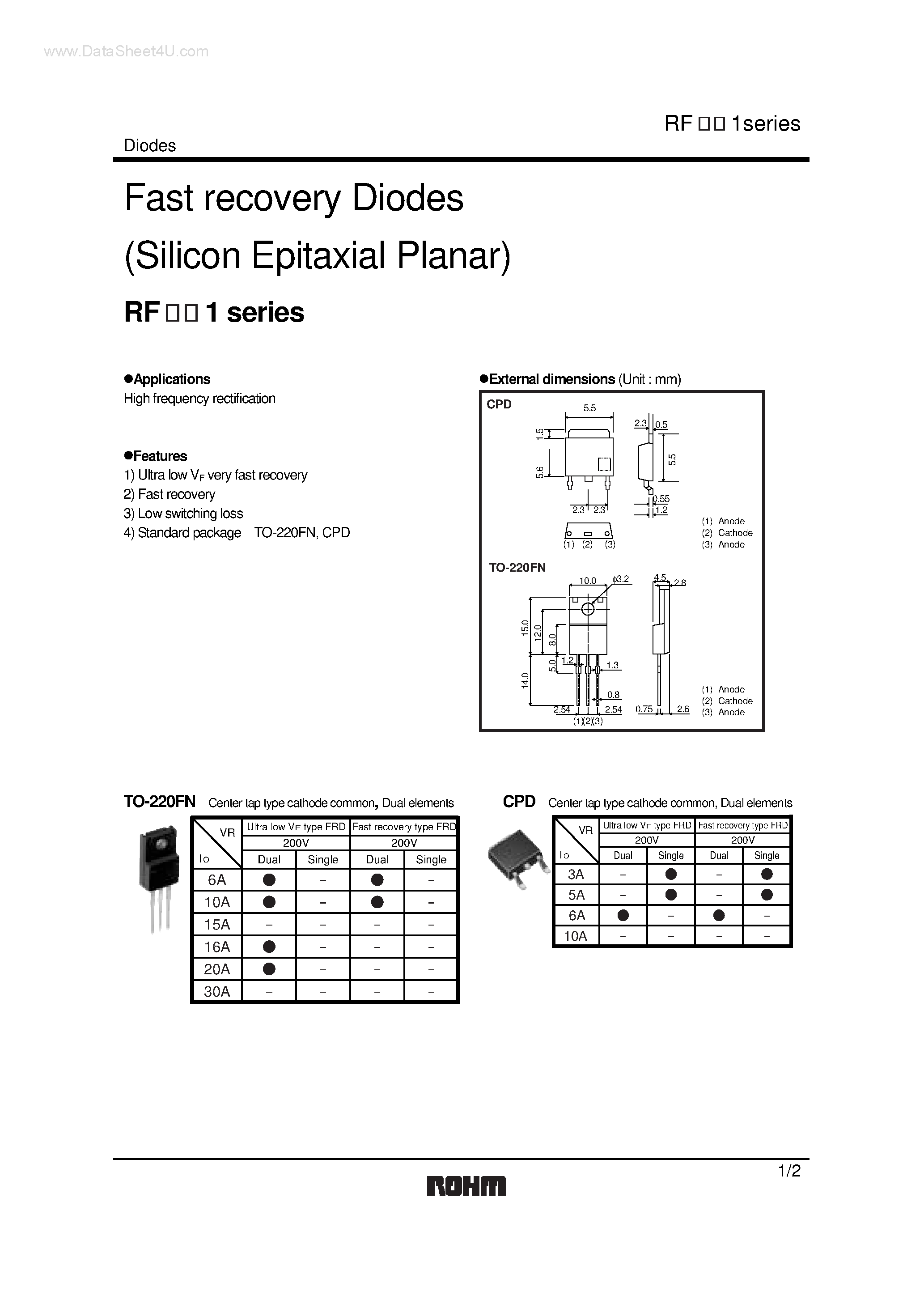 Даташит RF2001 - Fast recovery Diodes страница 1