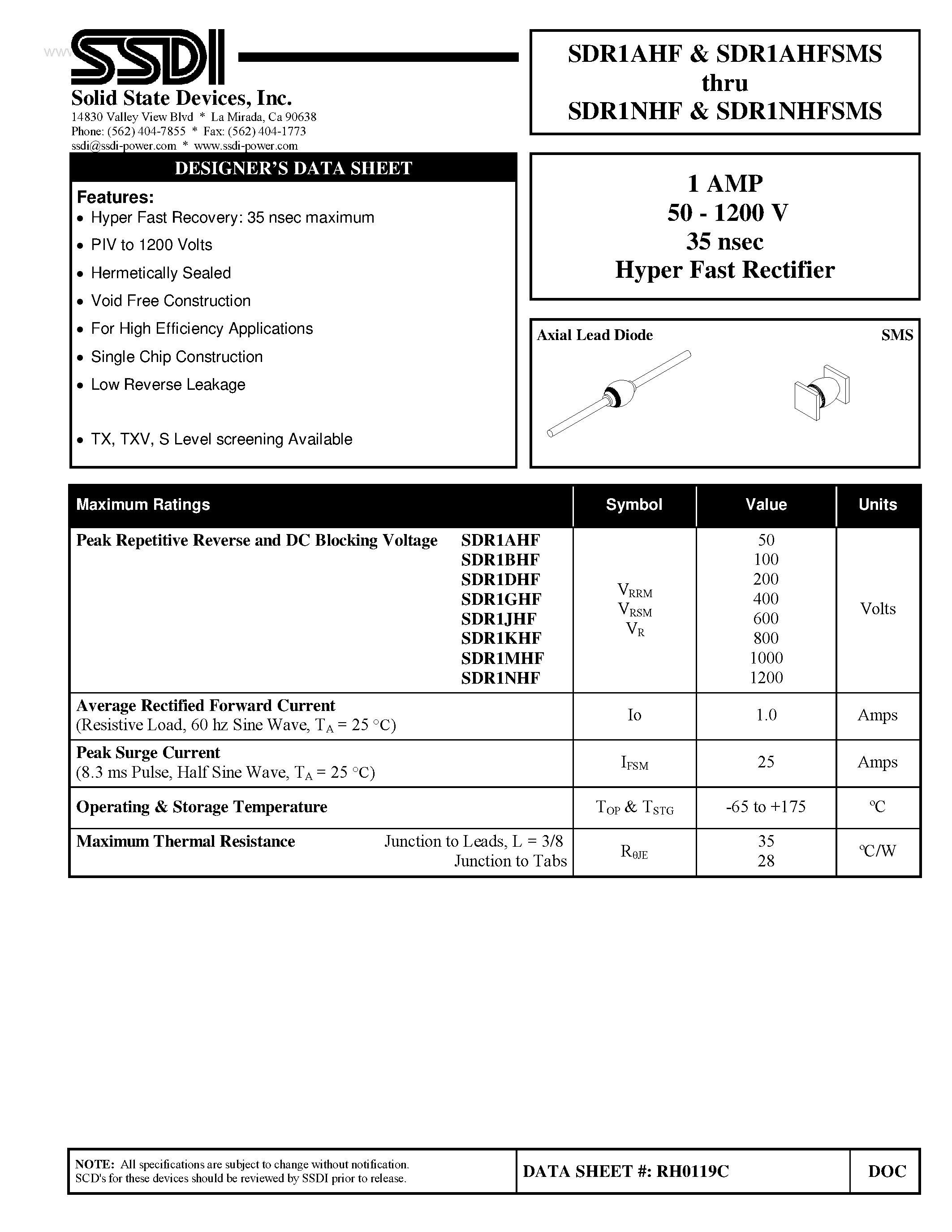 Datasheet SDR1AHF page 1 Datasheet SDR1AHF - (SDR1xHFSMS) Hyper Fast Rectifier page 1