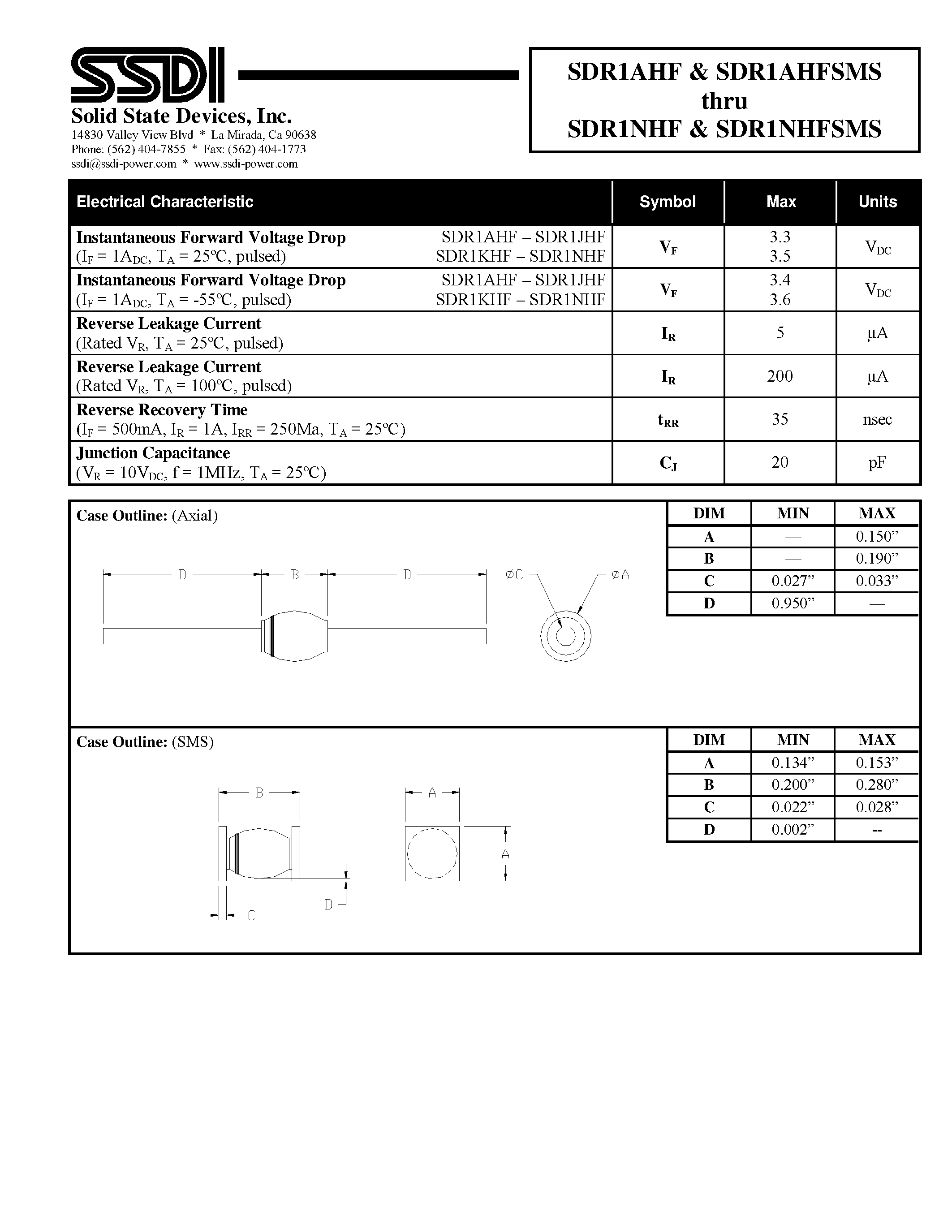Datasheet SDR1AHF page 2 Datasheet SDR1AHF - (SDR1xHFSMS) Hyper Fast Rectifier page 2