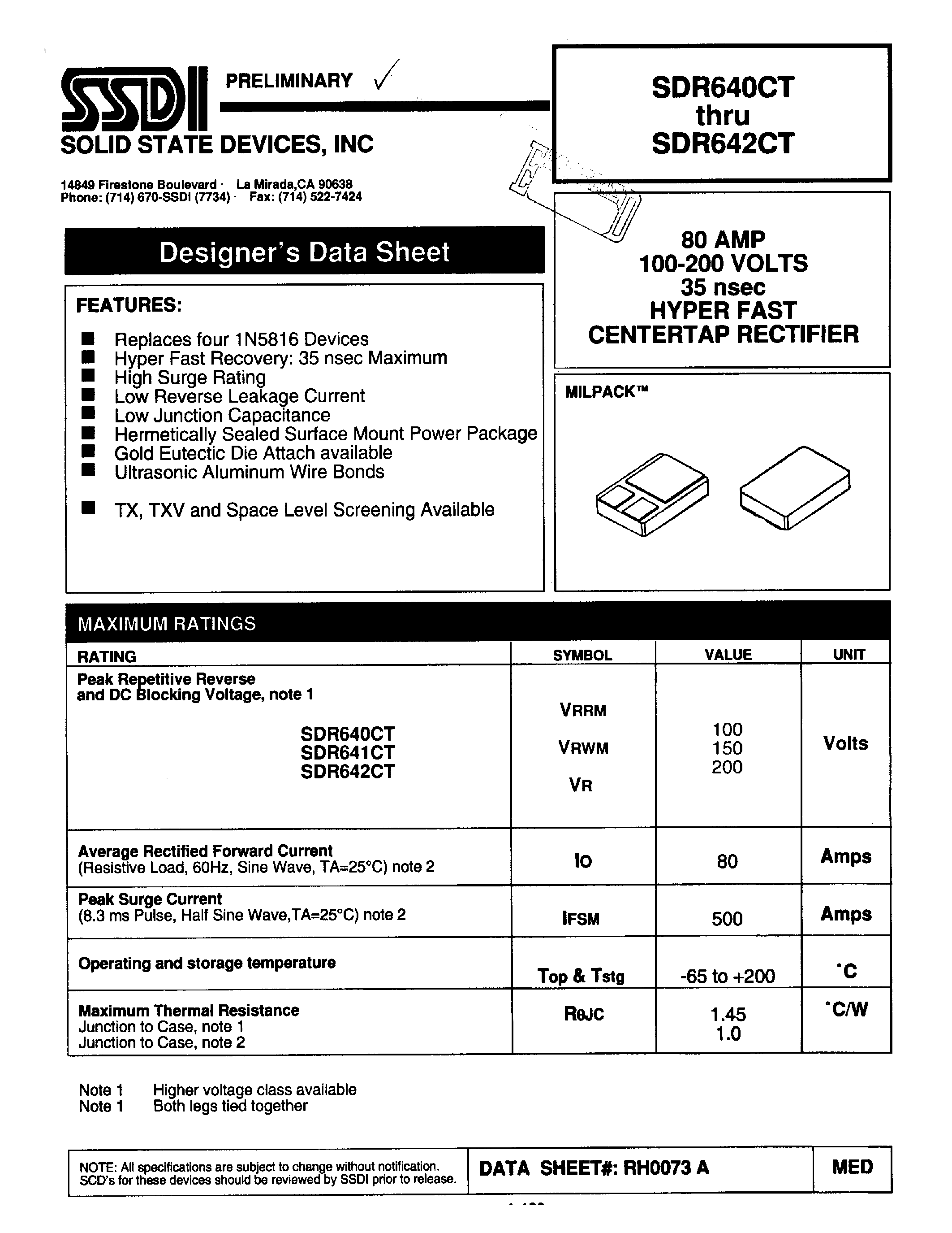 Datasheet SDR640CT - (SDR640CT - SDR642CT) HYPER FAST CENTERTAP RECTIFIER page 1