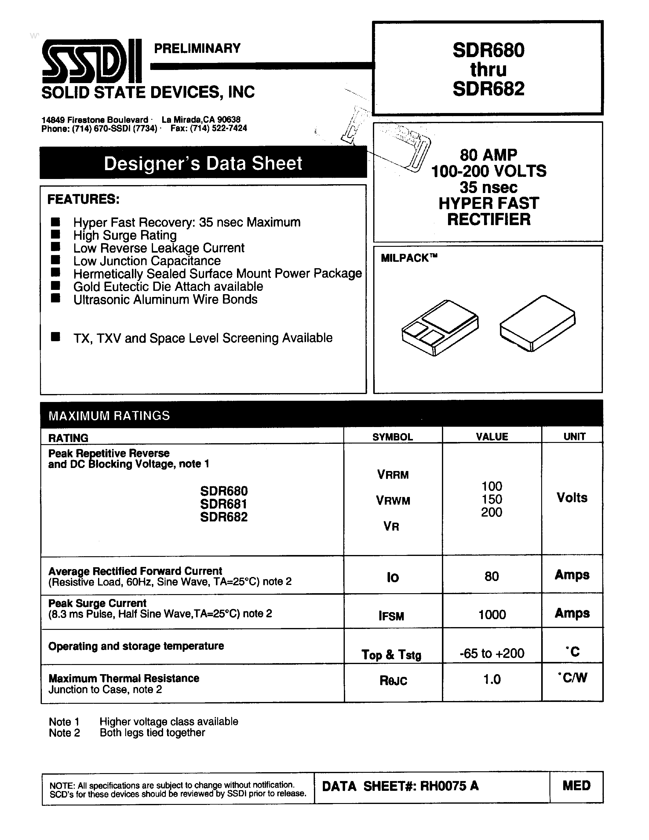 Datasheet SDR680 - (SDR680 - SDR682) HYPER FAST RECTIFIER page 1