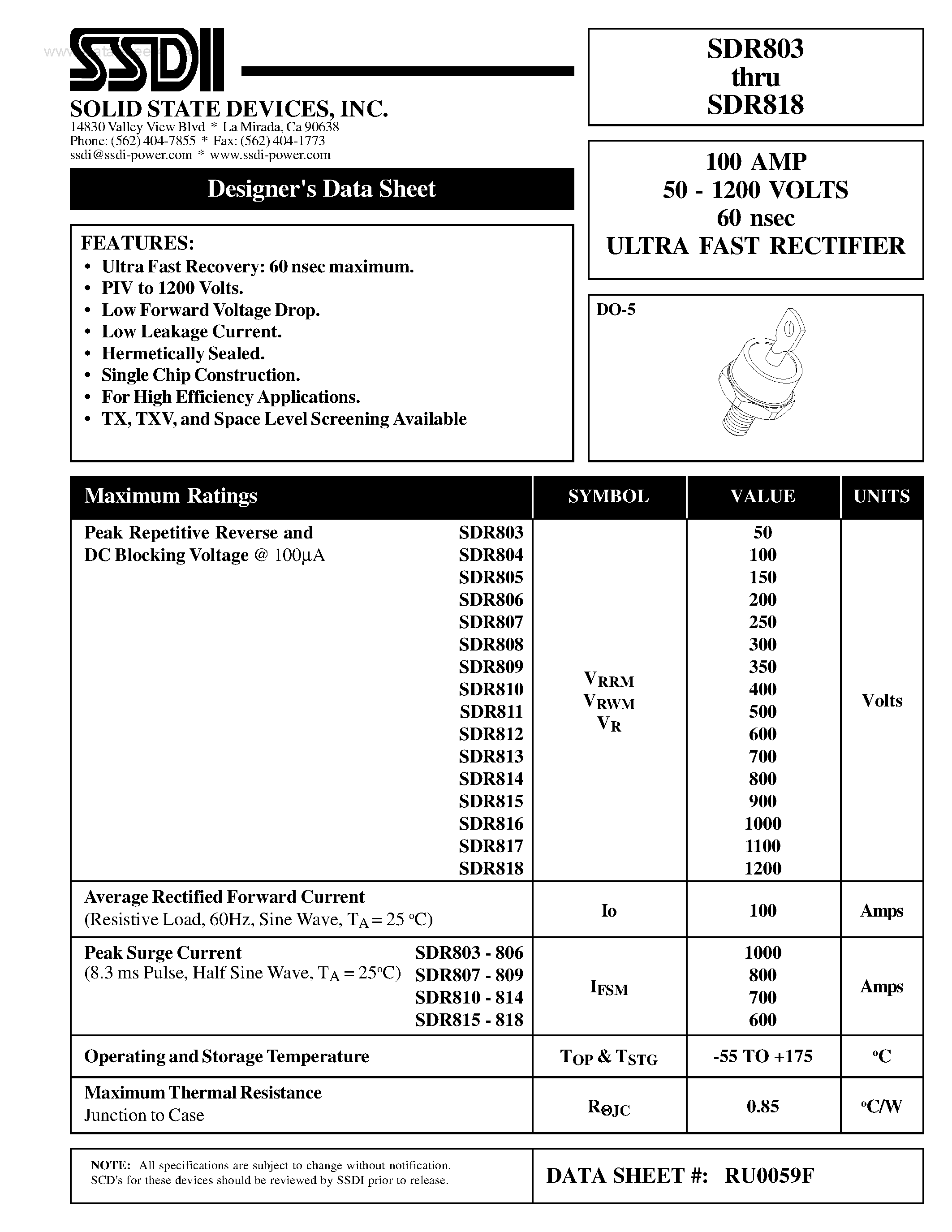 Datasheet SDR803 - (SDR803 - SDR818) ULTRA FAST RECTIFIER page 1