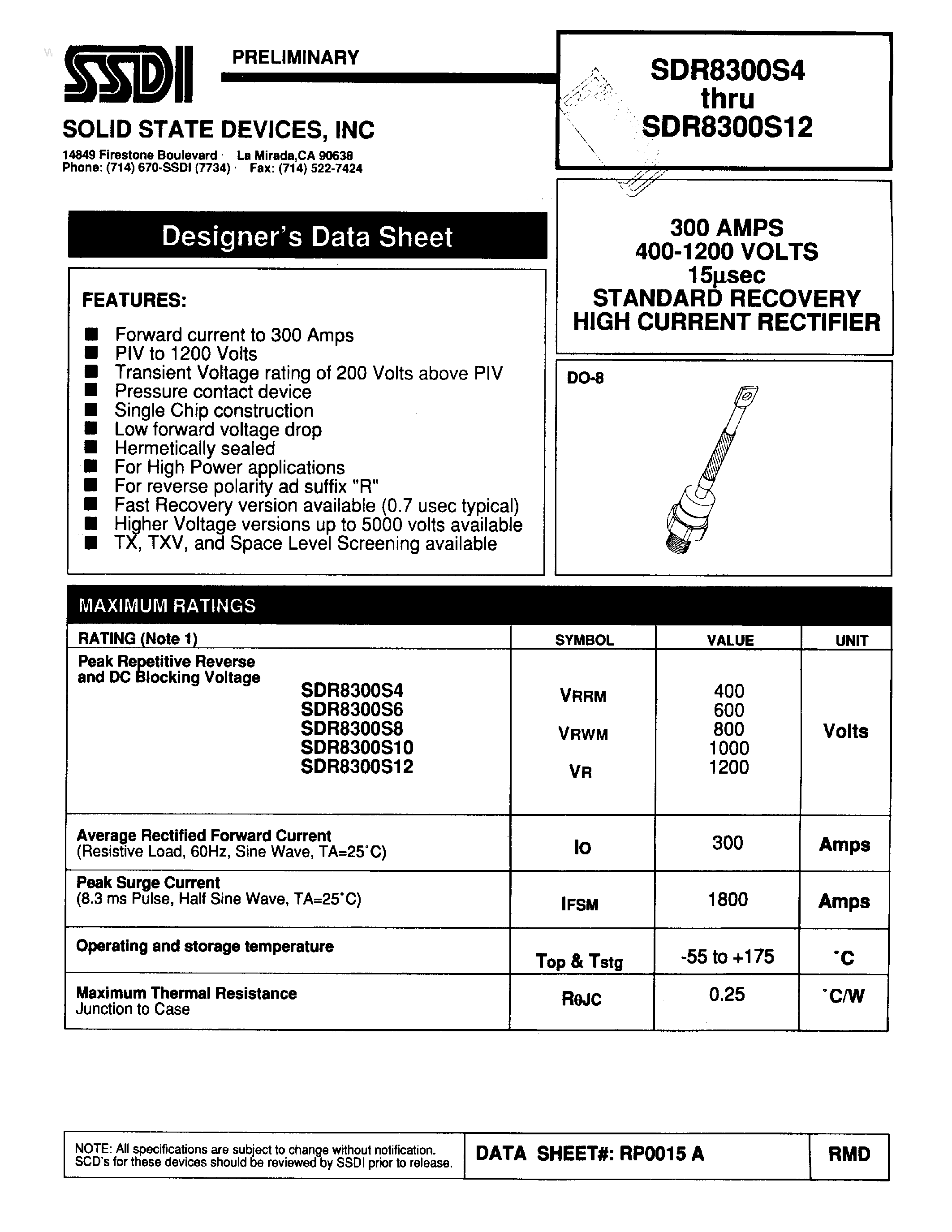 Даташит на микросхему SDR8300S10 страница 1 Даташит SDR8300S10 - (SDR8300S4 - SDR8300S12) STANDARD RECOVERY HIGH CURRENT RECTIFIER страница 1