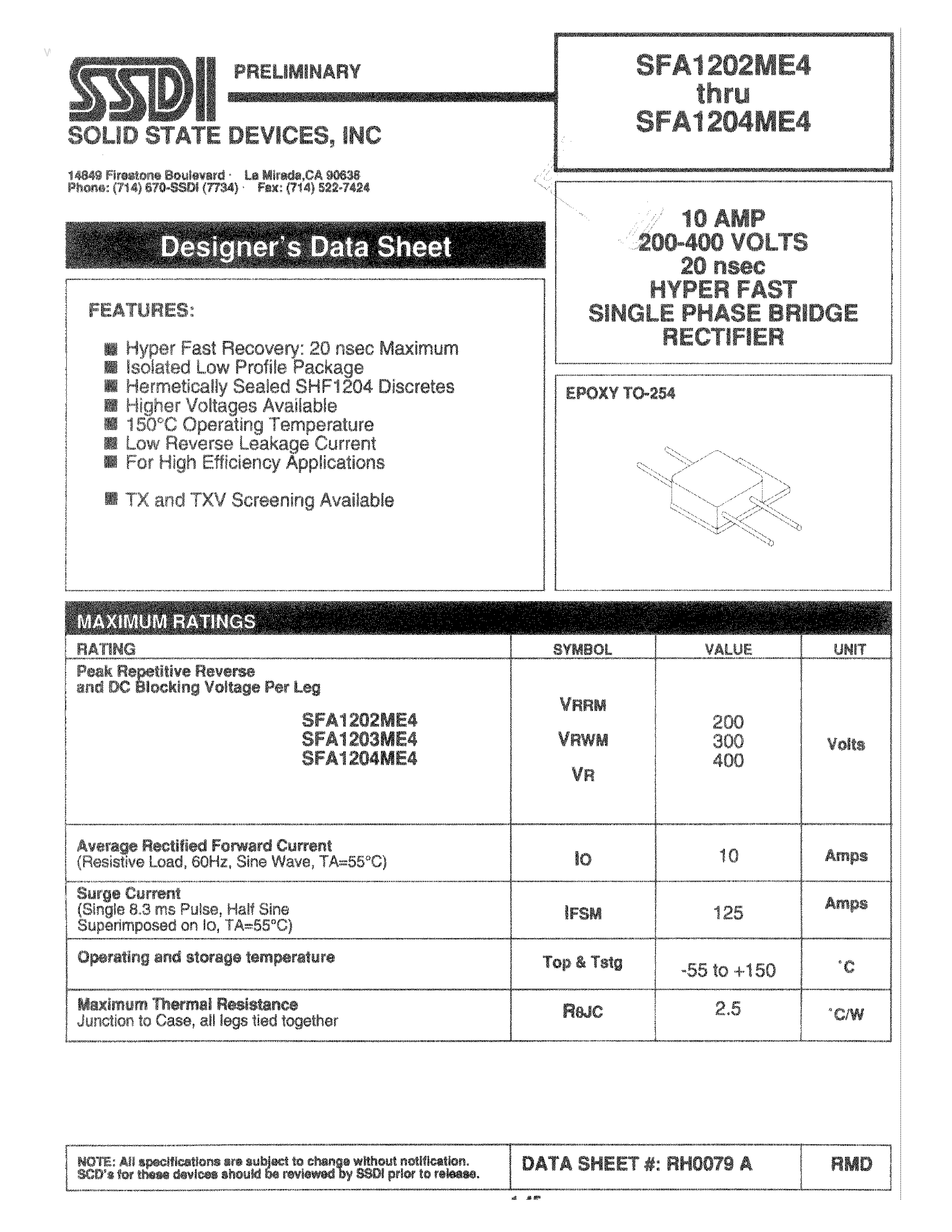 Datasheet SFA1202ME4 page 1 Datasheet SFA1202ME4 - (SFA1202ME4 - SFA1204ME4) HYPER SINGEL PHASE BRIDGE RECTIFIER page 1