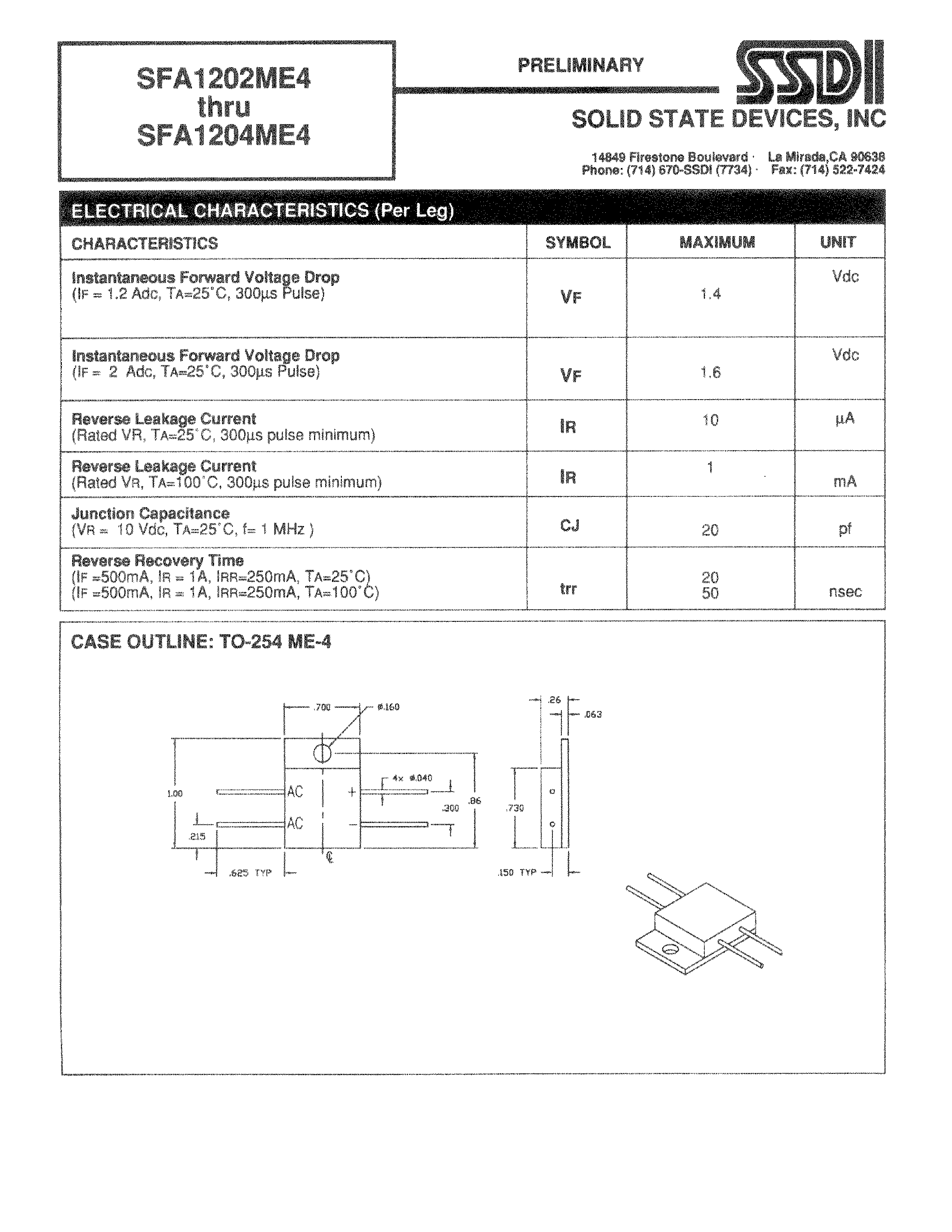 Datasheet SFA1202ME4 page 2 Datasheet SFA1202ME4 - (SFA1202ME4 - SFA1204ME4) HYPER SINGEL PHASE BRIDGE RECTIFIER page 2