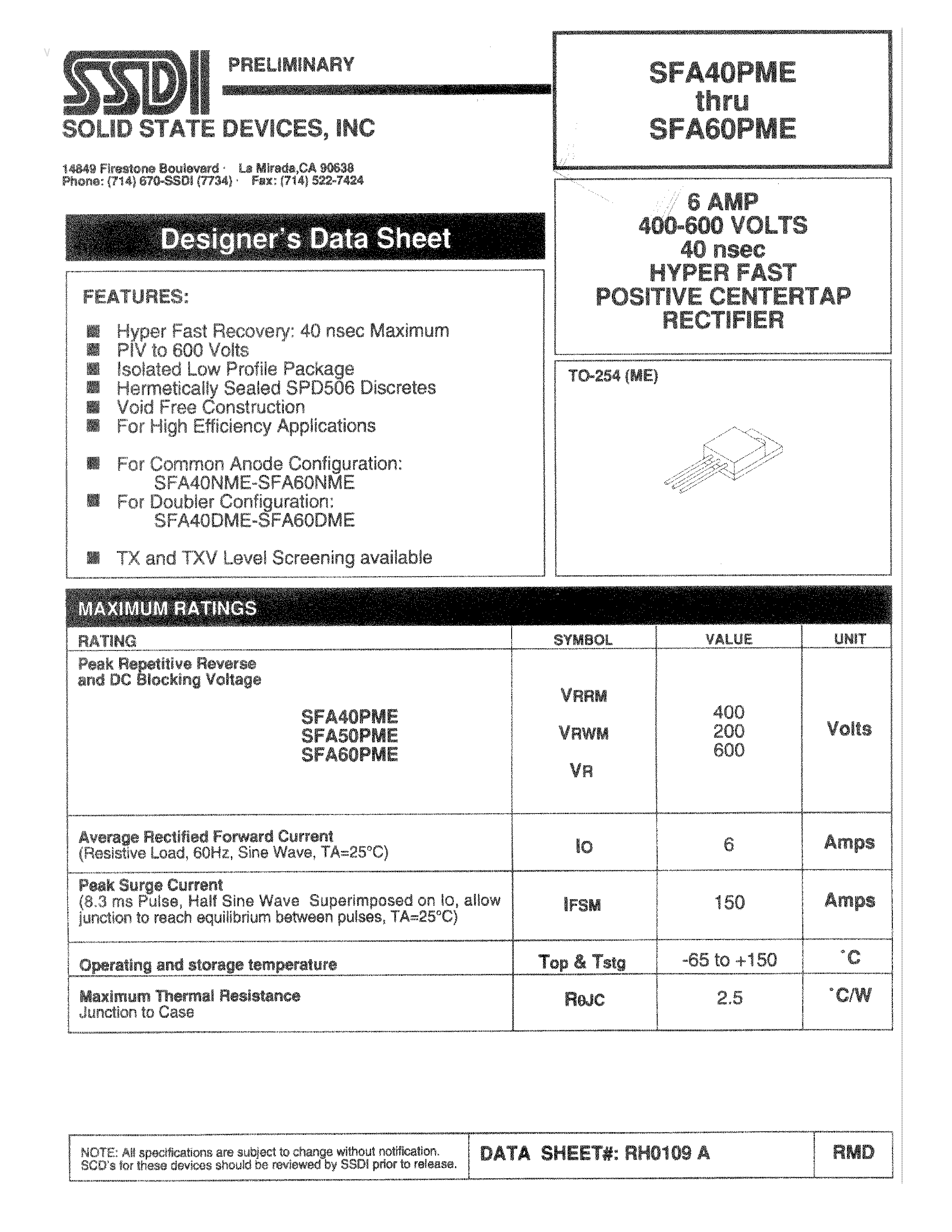 Datasheet SFA50PME - (SFA40PME - SFA60PME) HYPER FAST PDSITIVE CENTERTAP RECTIFIER page 1