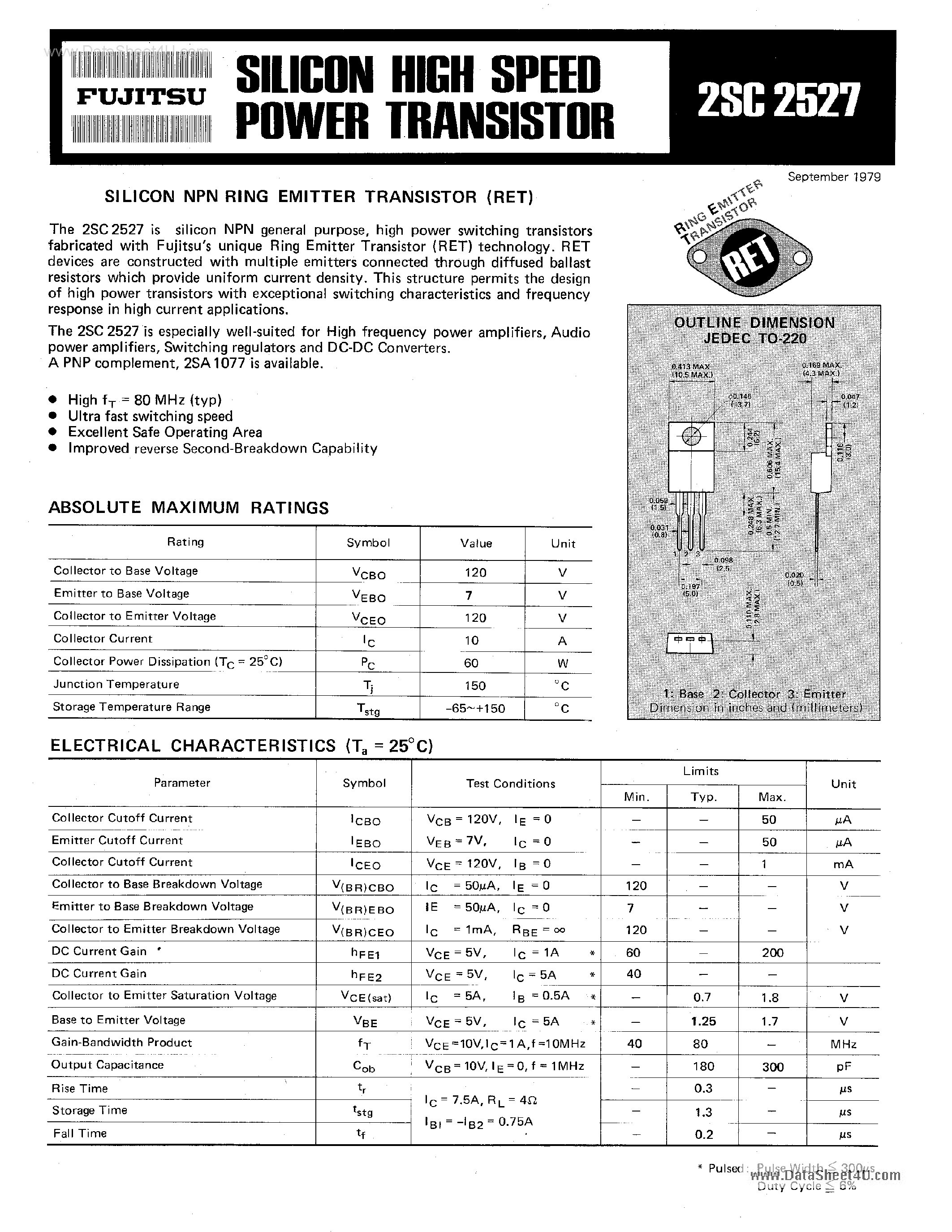 Datasheet 2SC2527 - SILICON HIGH SPEED POWER TRANSISTOR page 1