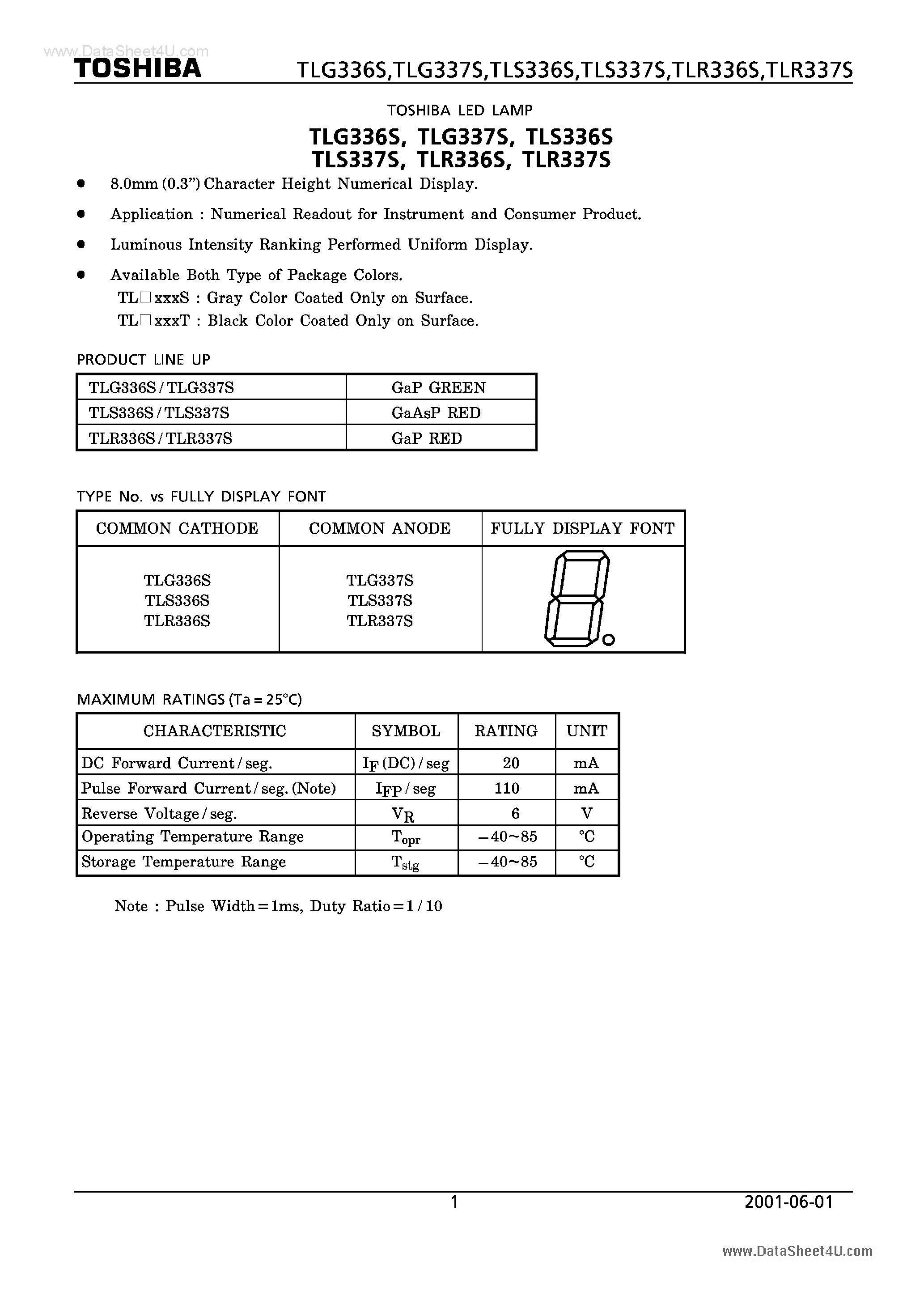 Datasheet TLR336S - (TLR336S / TLR337S) LED LAMP 8.0mm(0.3inch)Character Height Numerical Display page 1
