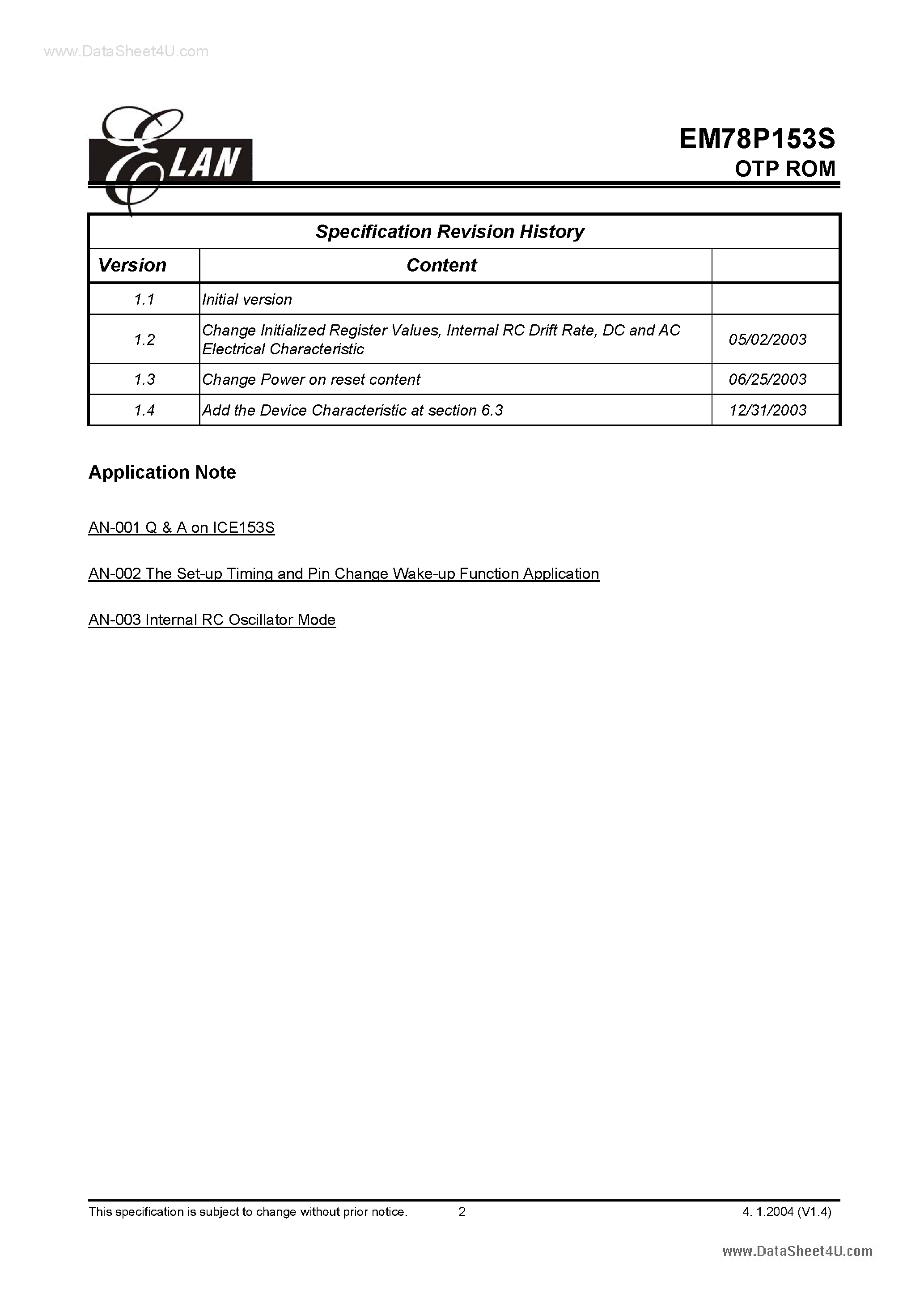 Даташит на микросхему EM78P153S страница 2 Даташит EM78P153S - 8-BIT MICRO-CONTROLLER страница 2