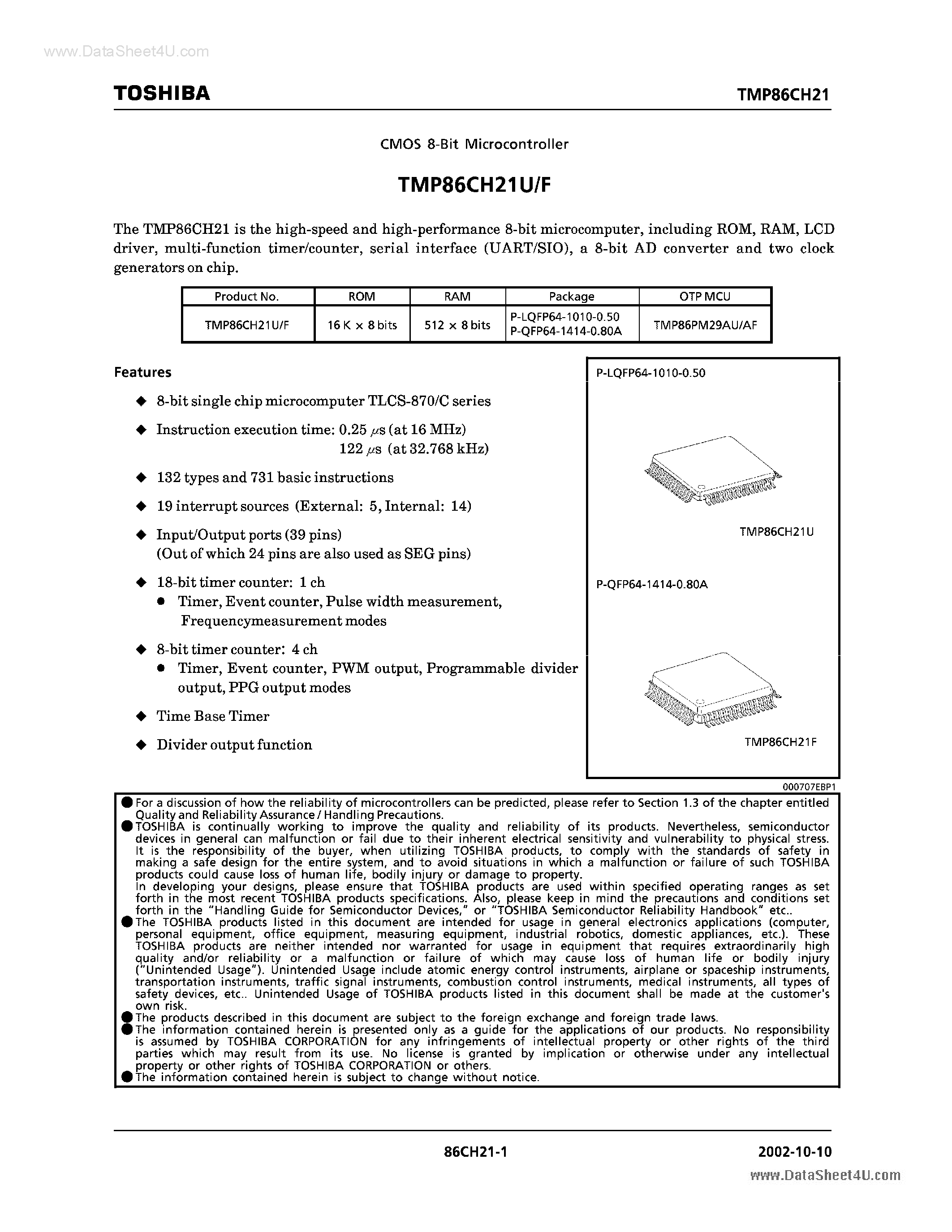 Даташит TMP86CH21F - CMOS 8-Bit Microcontroller страница 1
