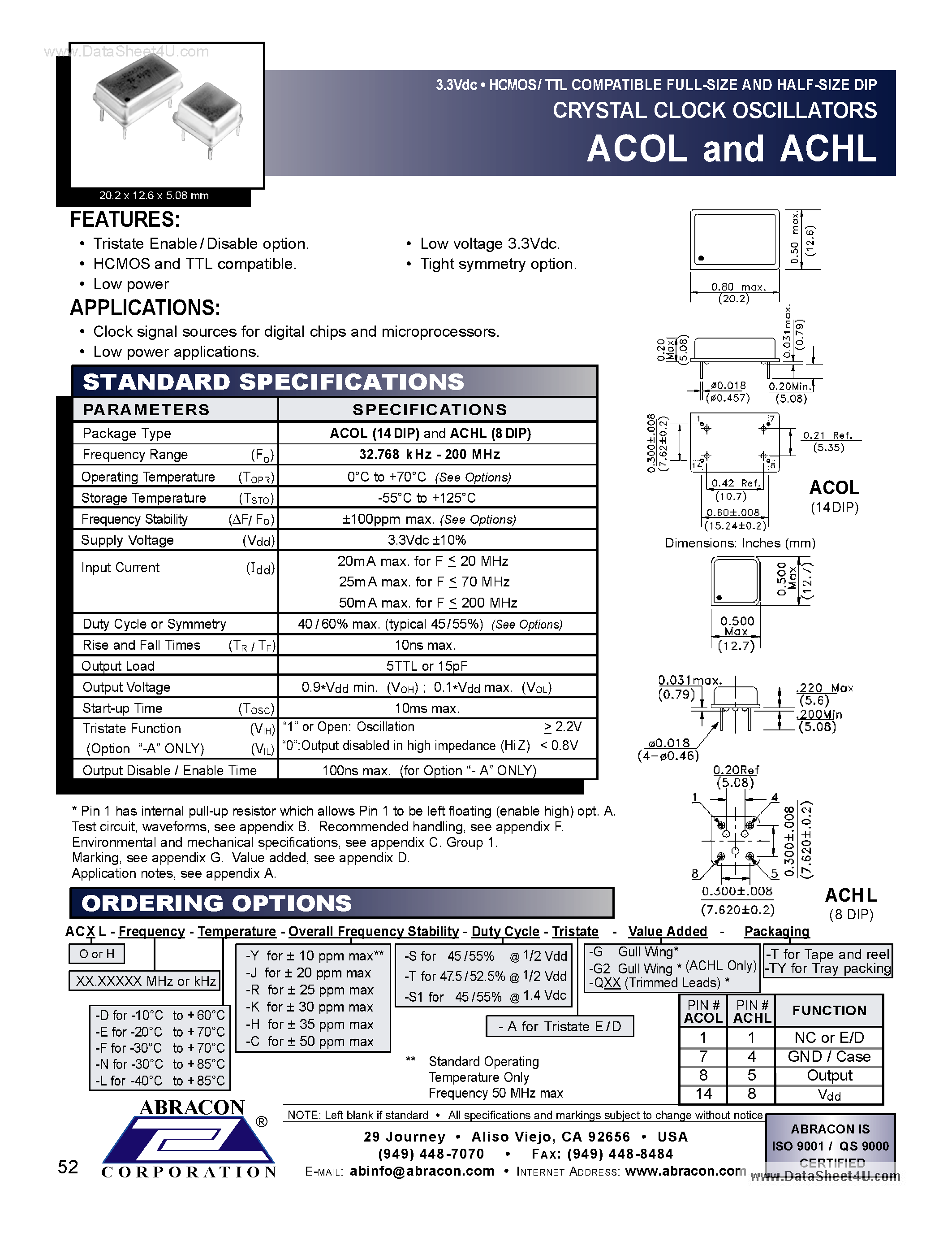 Datasheet ACHL - 3.3Vdc HCMOS/ TTL COMPATIBLE FULL-SIZE AND HALF-SIZE DIP CRYSTAL CLOCK OSCILLATORS page 1