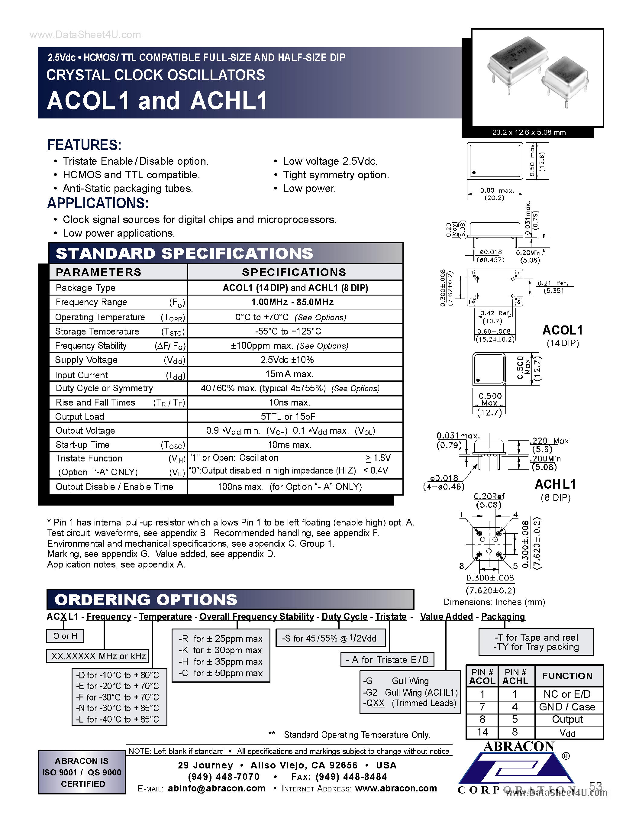 Datasheet ACOL1 - HCMOS/ TTL COMPATIBLE FULL-SIZE AND HALF-SIZE DIP CRYSTAL CLOCK OSCILLATORS page 1