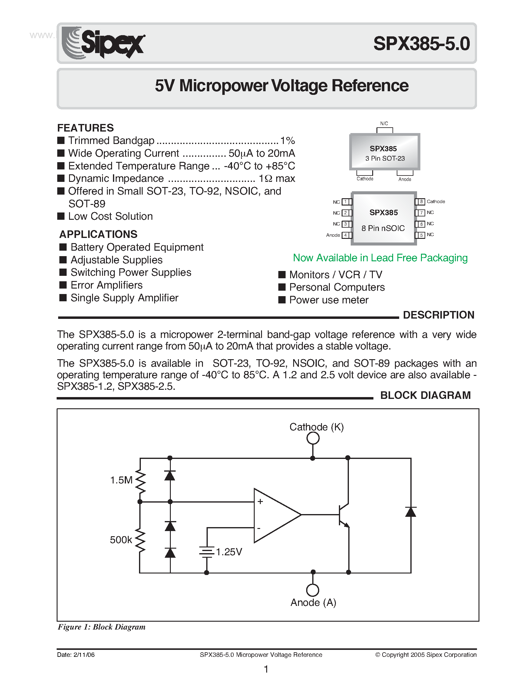 Datasheet SPX385-5.0 - 5V Micropower Voltage Reference page 1