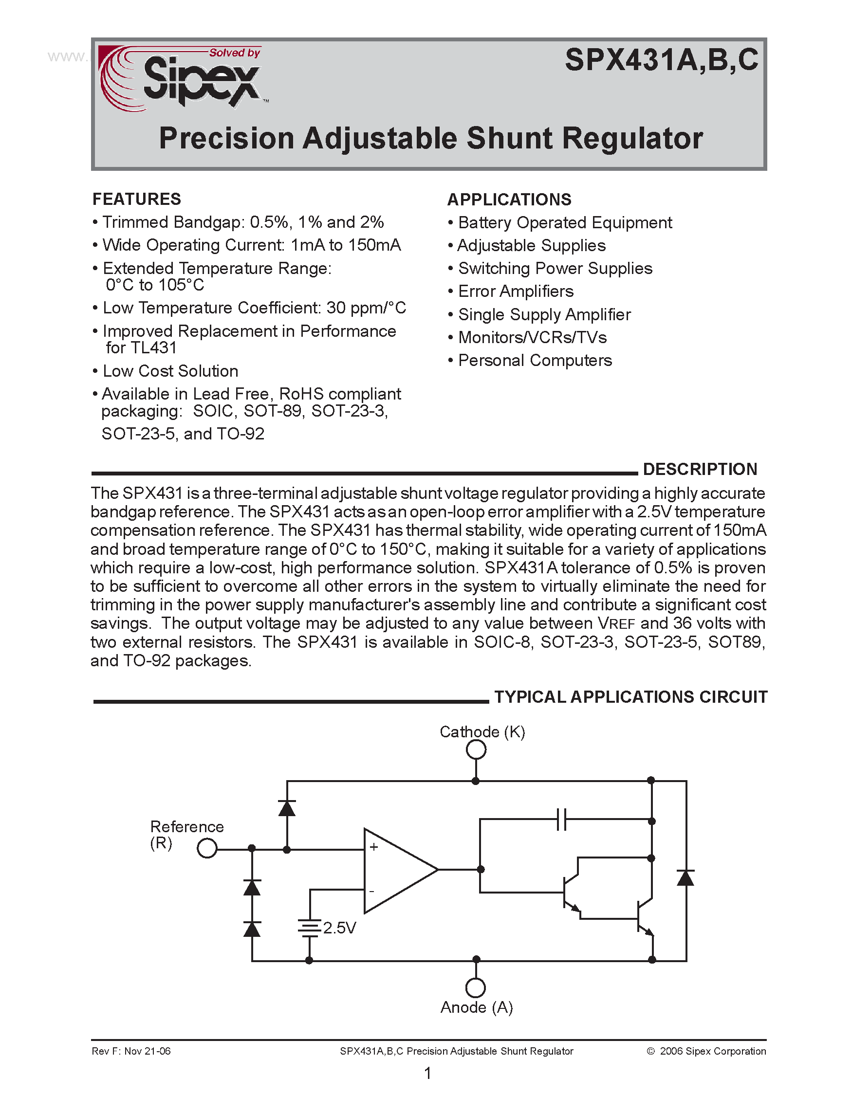 Даташит SPX431A - (SPX431A/B/C) Precision Adjustable Shunt Regulator страница 1