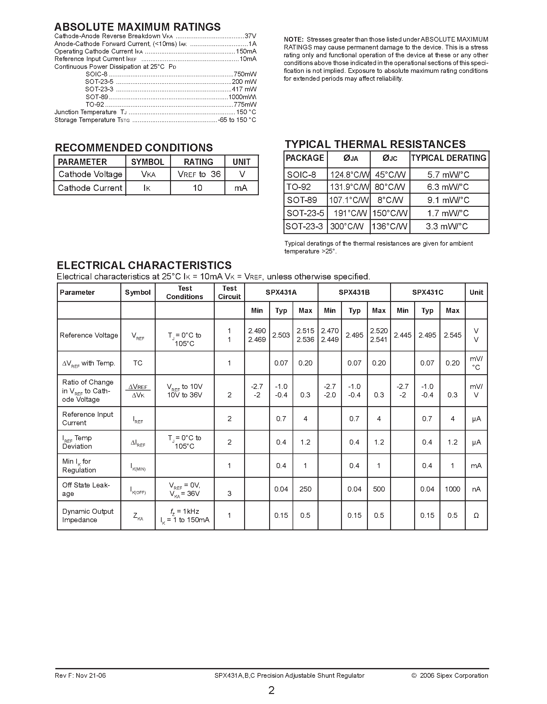 Datasheet SPX431A - (SPX431A/B/C) Precision Adjustable Shunt Regulator page 2