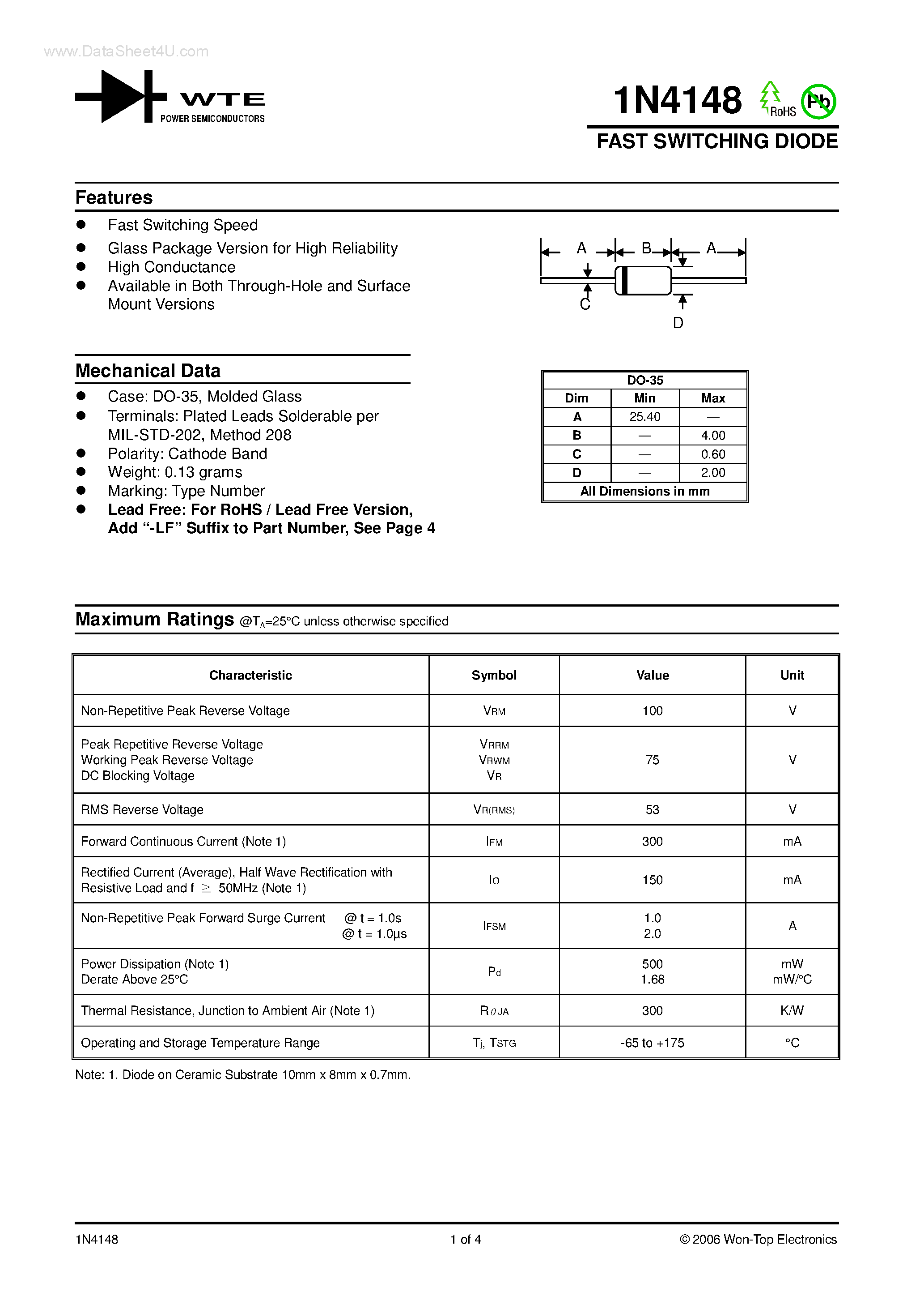 Datasheet 1N4148 - FAST SWITCHING DIODE page 1