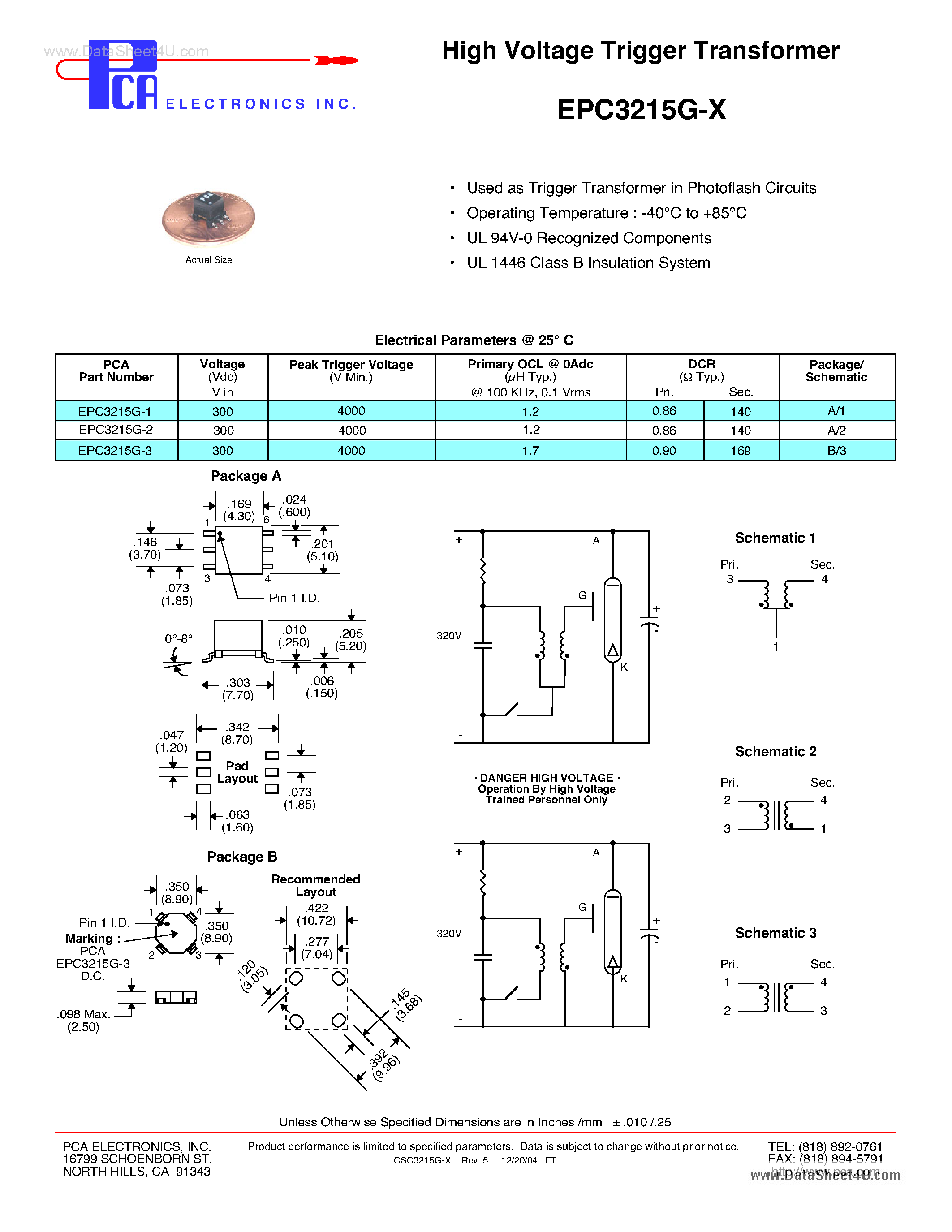 Datasheet EPC3215G-X page 1 Datasheet EPC3215G-X - High Voltage Trigger Transformer page 1