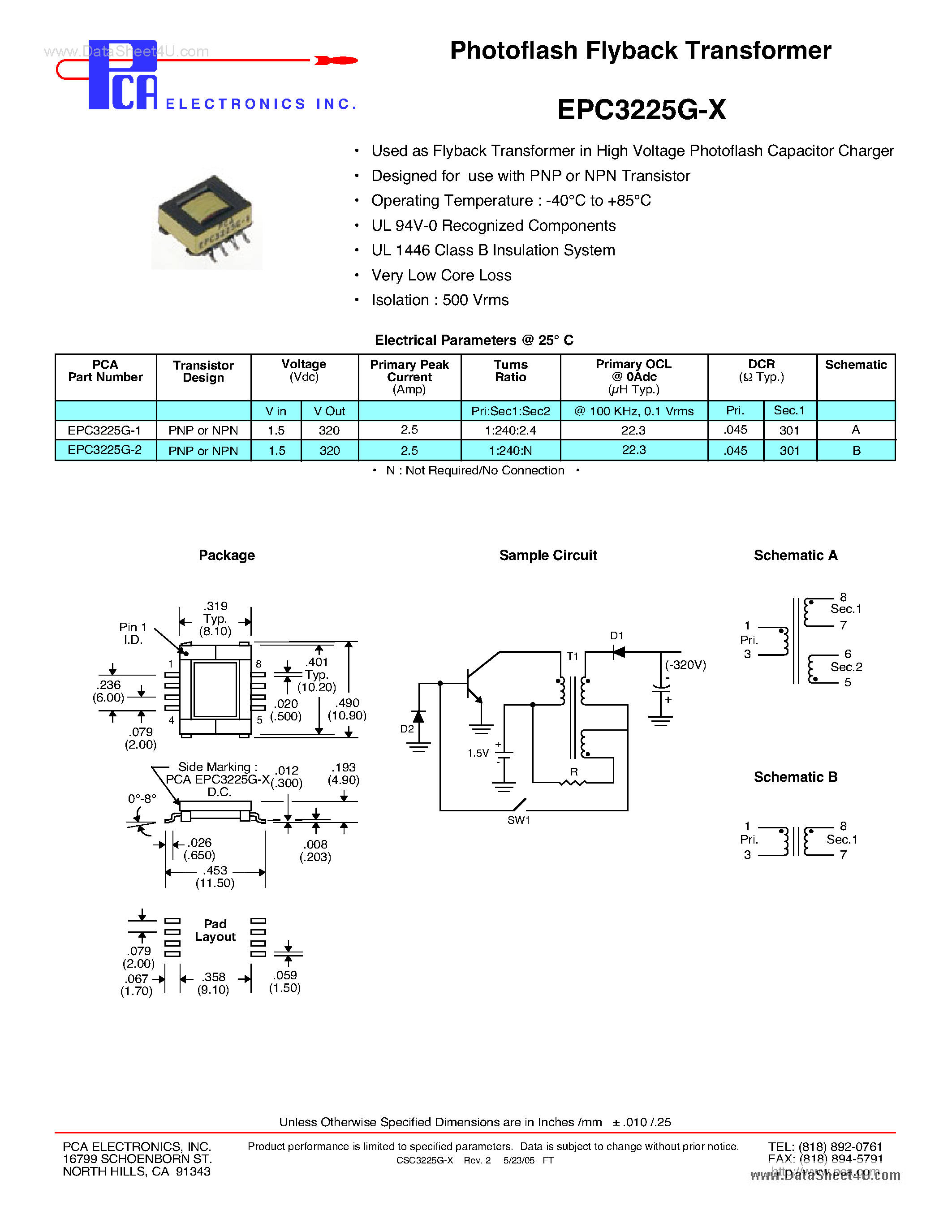 Datasheet EPC3225G-x page 1 Datasheet EPC3225G-x - Photoflash Flyback Transformer page 1
