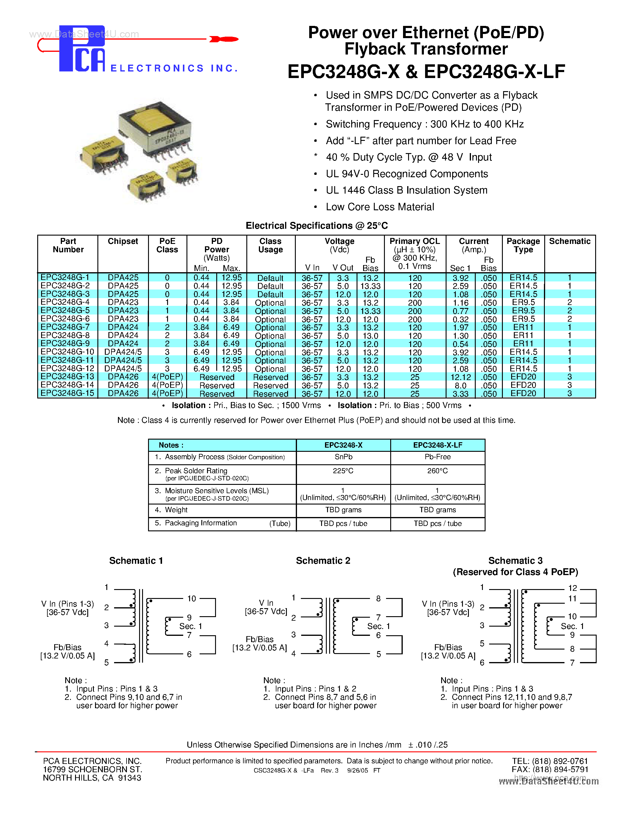 Datasheet EPC3248G-x page 1 Datasheet EPC3248G-x - Power over Ethernet (PoE/PD) Flyback Transformer page 1