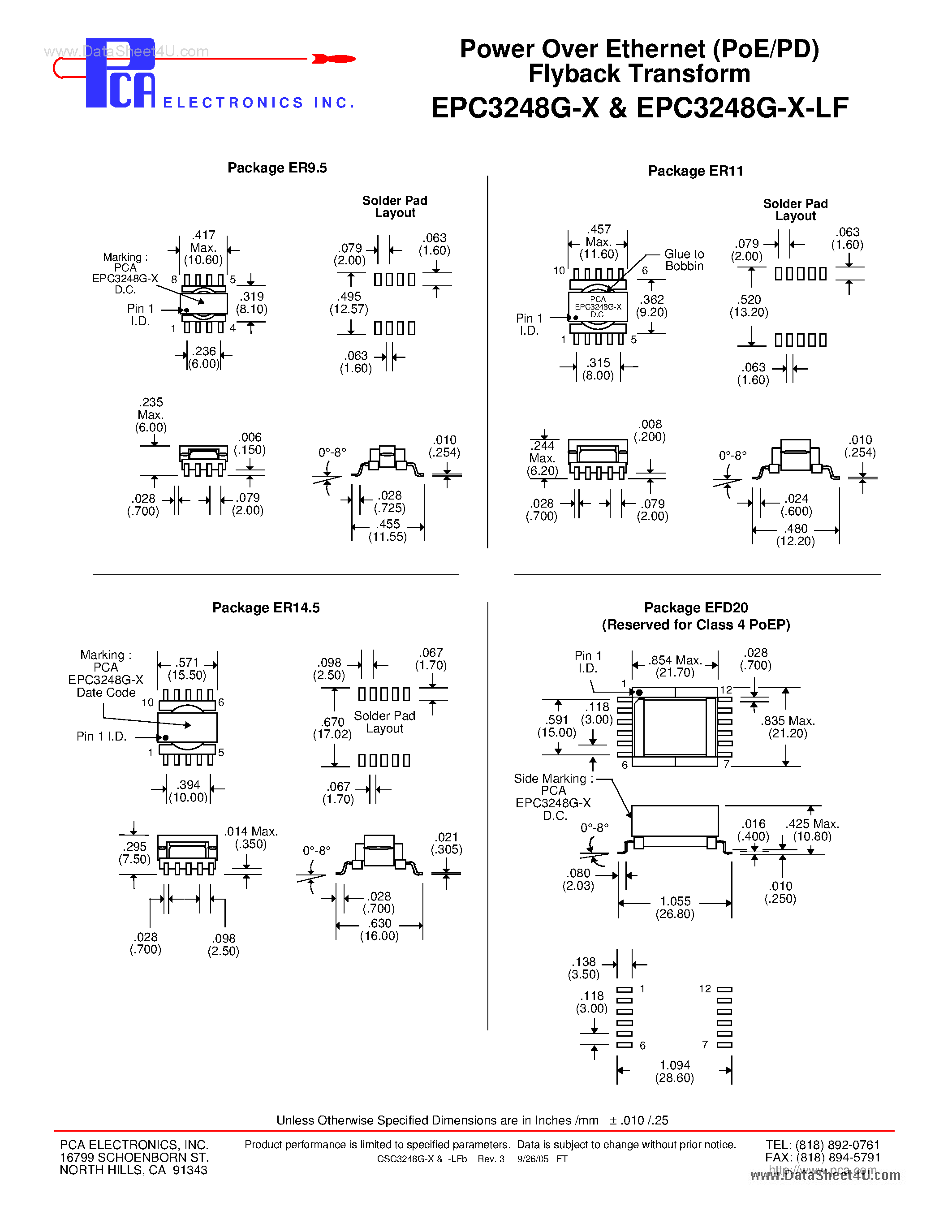 Datasheet EPC3248G-x page 2 Datasheet EPC3248G-x - Power over Ethernet (PoE/PD) Flyback Transformer page 2