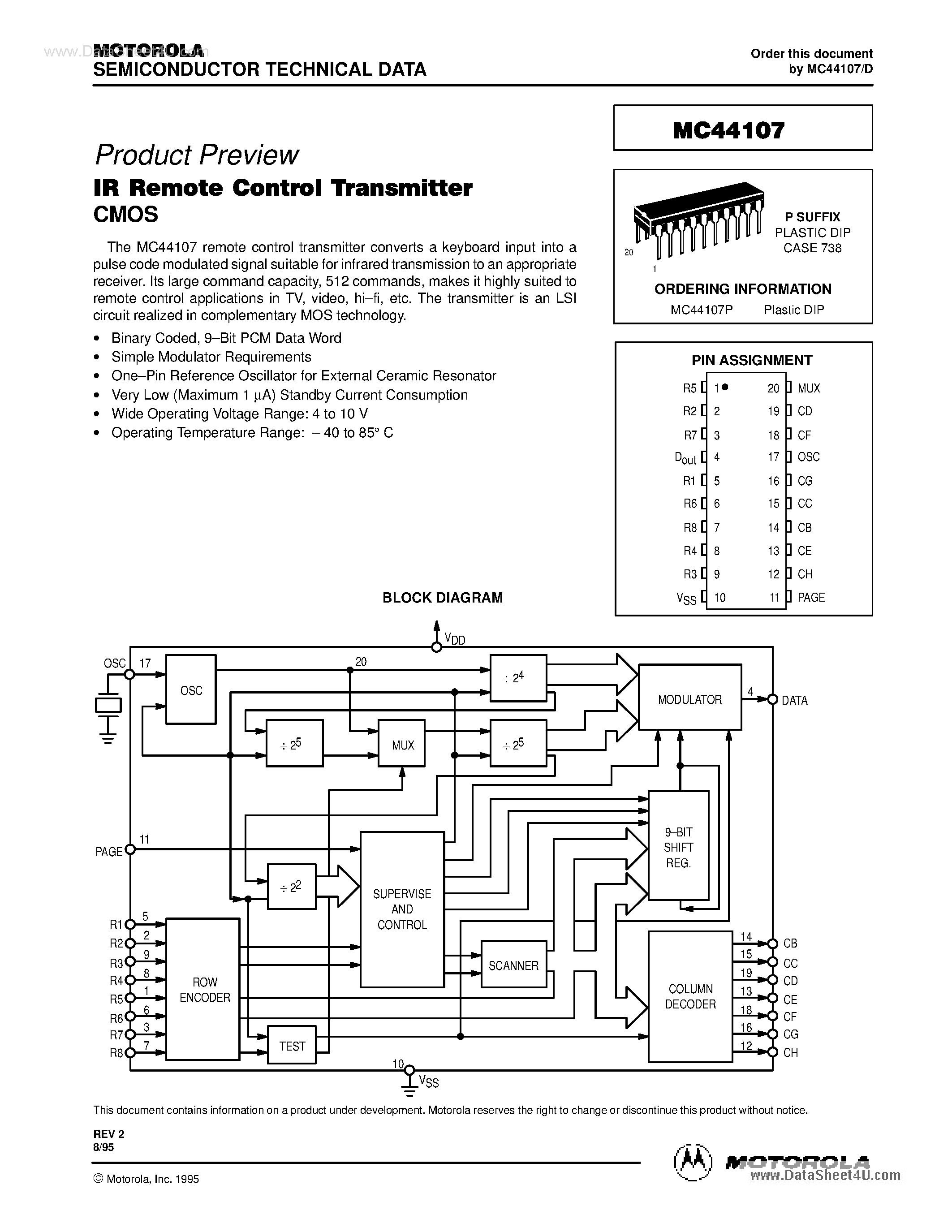 Datasheet MC44107 page 1 Datasheet MC44107 - IR Remote Control Transmitter page 1