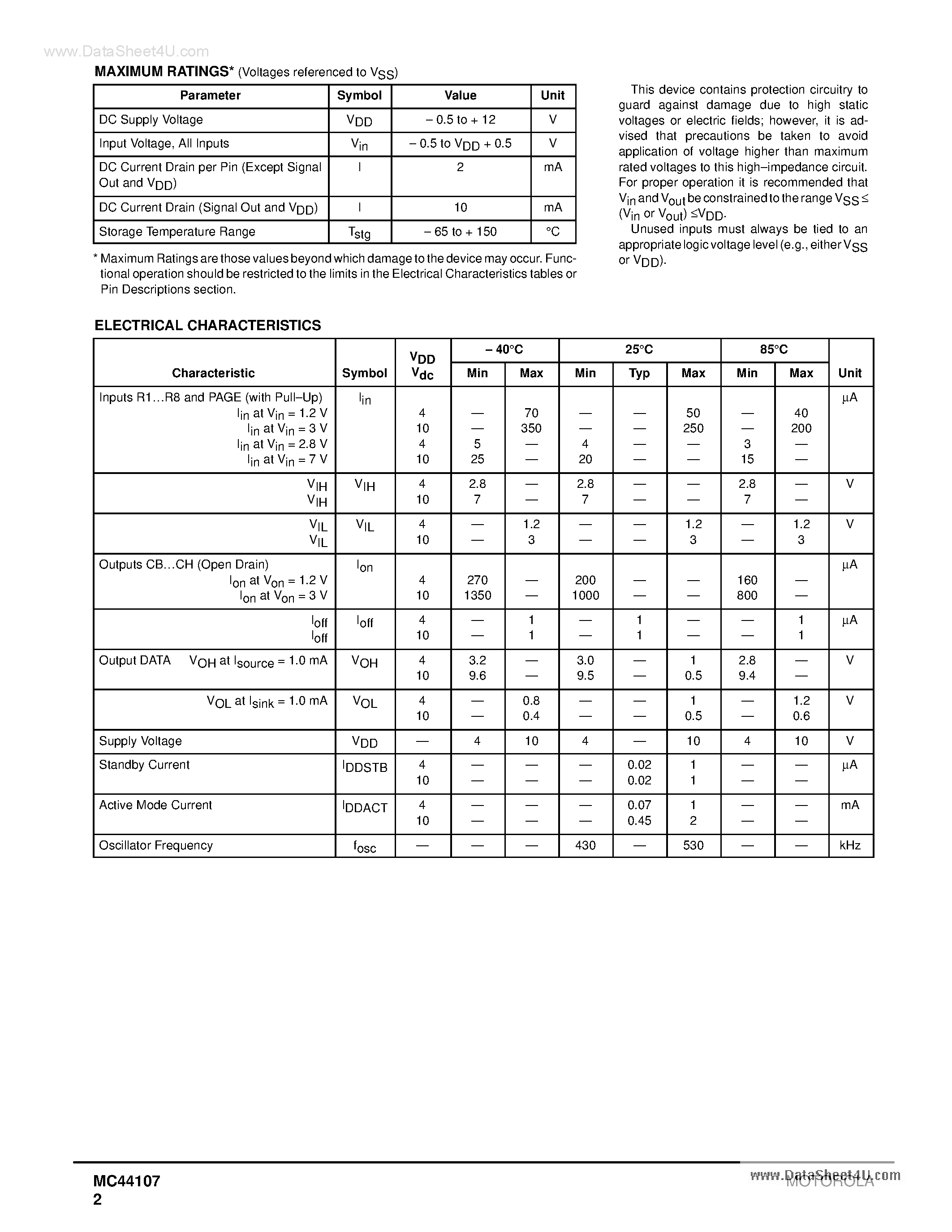 Datasheet MC44107 page 2 Datasheet MC44107 - IR Remote Control Transmitter page 2