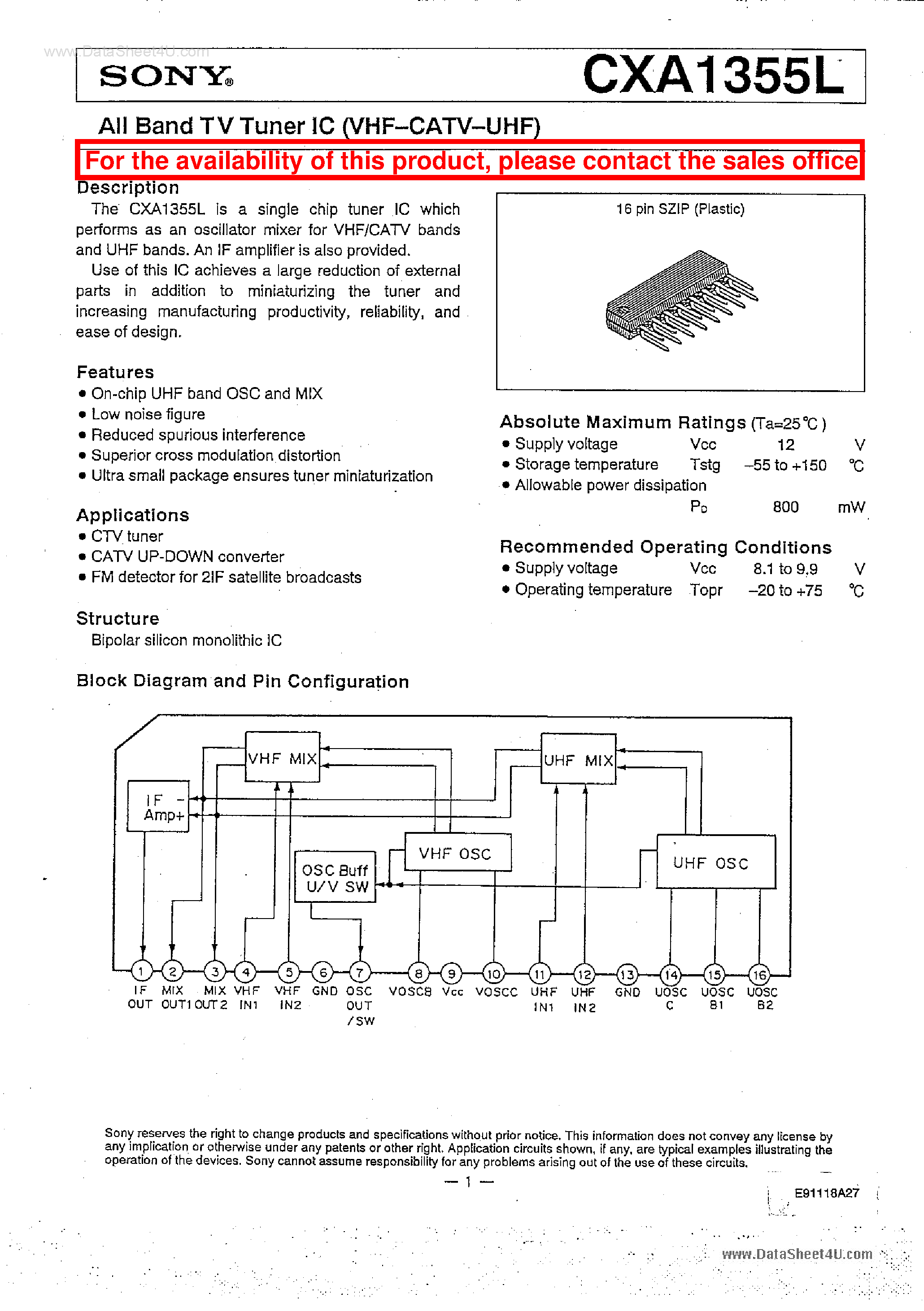Даташит CXA1355L - All Band TV Tuner IC страница 1