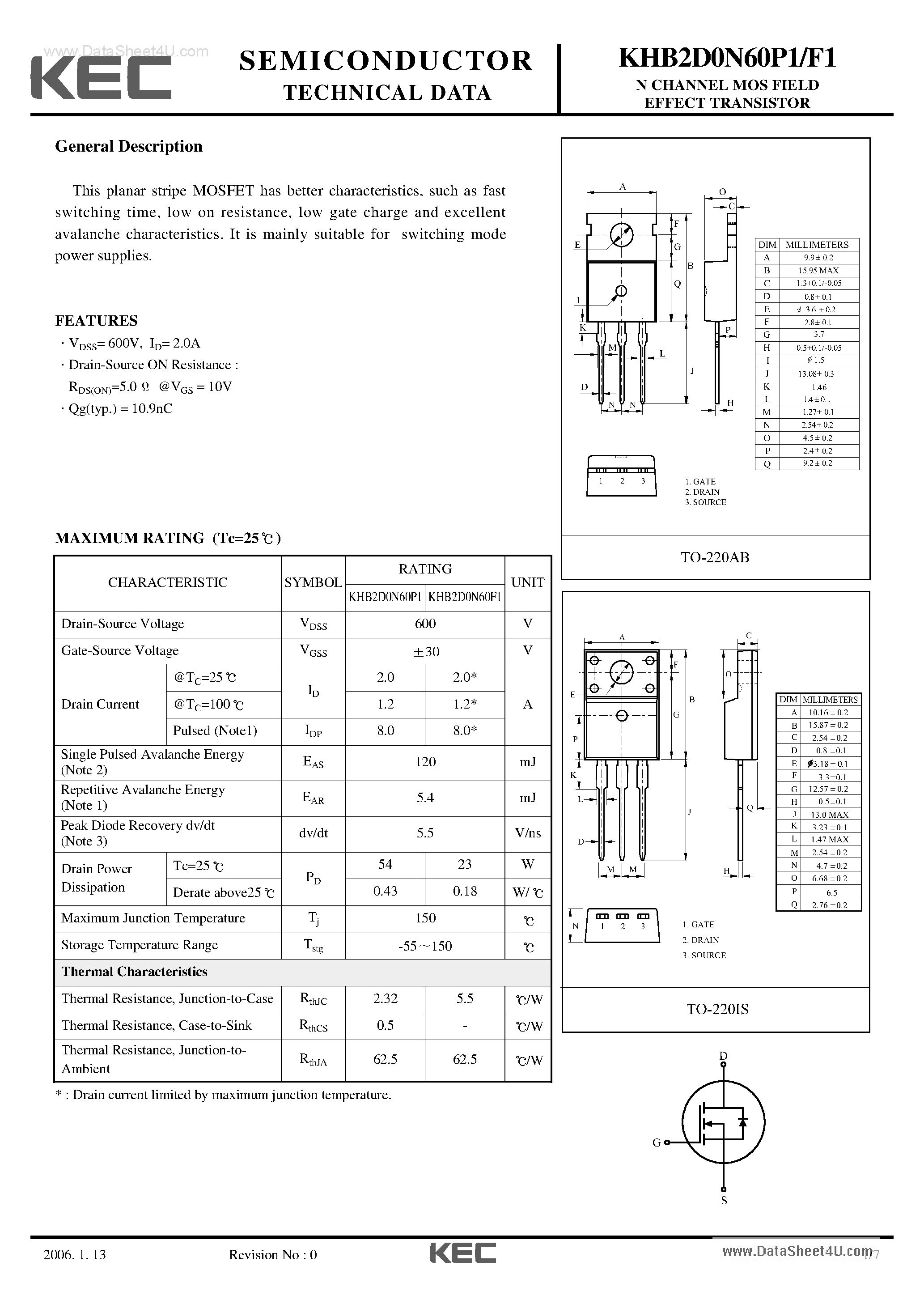 Datasheet KHB2D0N60F1 - (KHB2D0N60F1/P1) N-Channel MOS Field Effect Transistor page 1