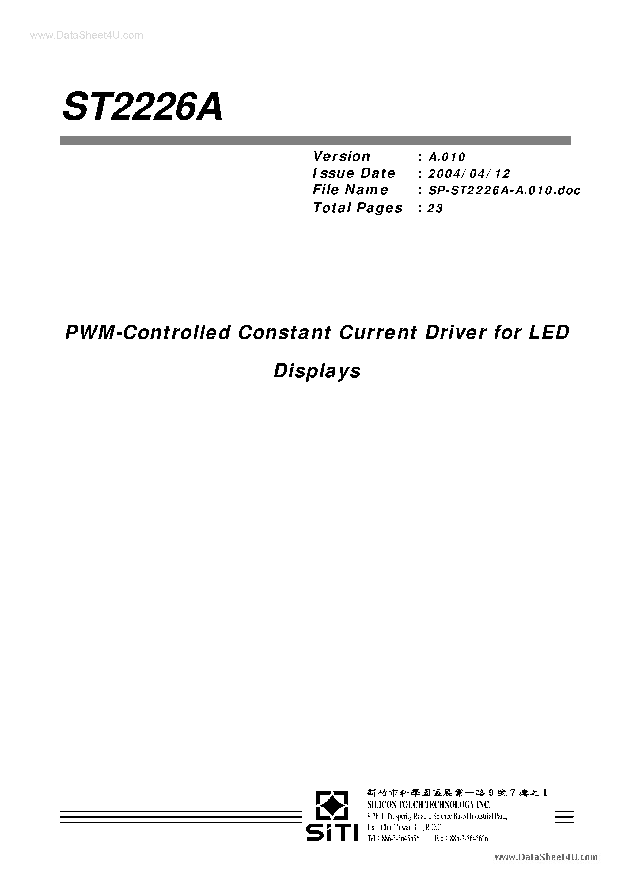 Datasheet ST2226A page 1 Datasheet ST2226A - PWM-Controlled Constant Current Driver page 1