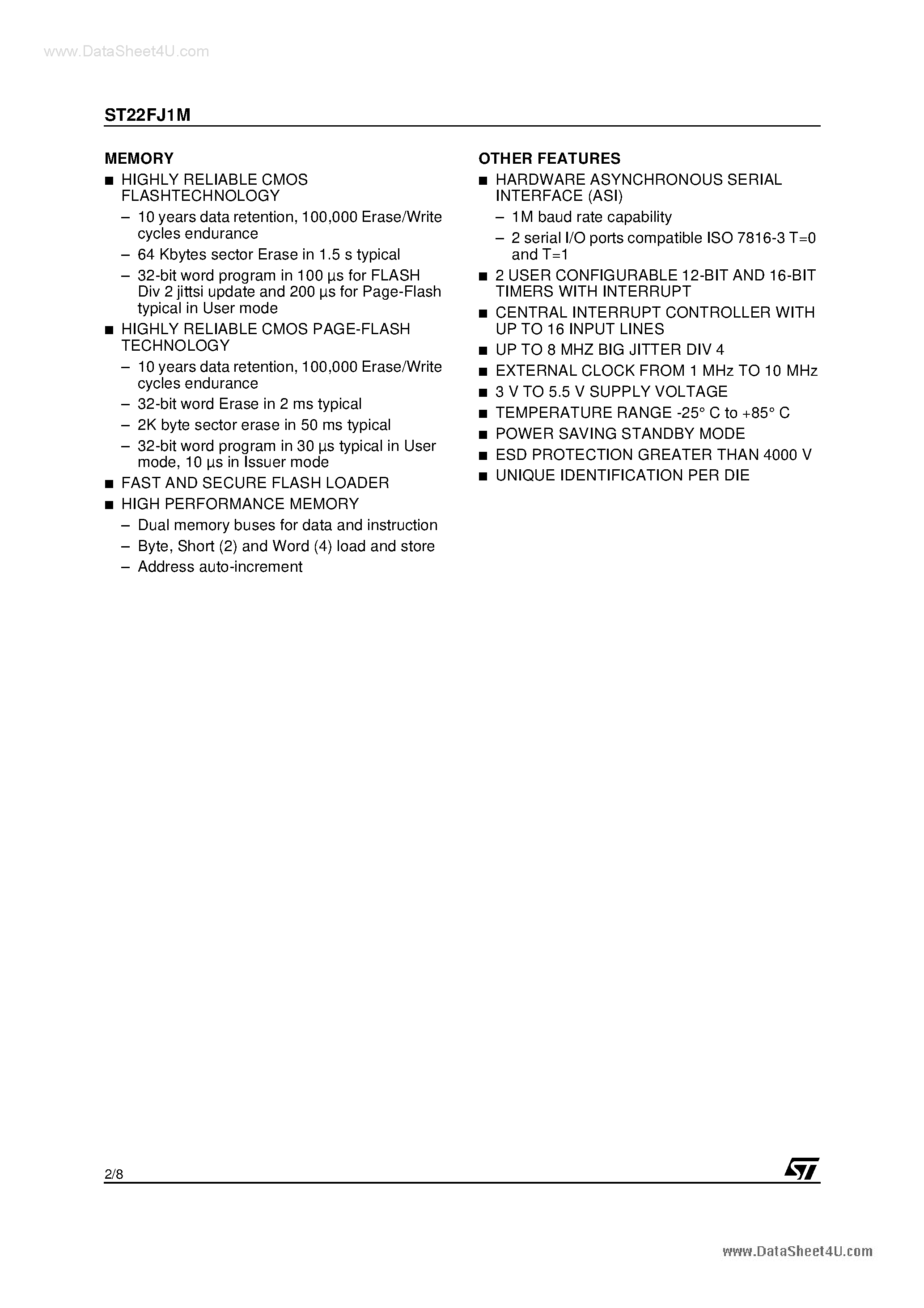 Datasheet ST22FJ1M page 2 Datasheet ST22FJ1M - Smartcard 32-Bit RISC MCU page 2