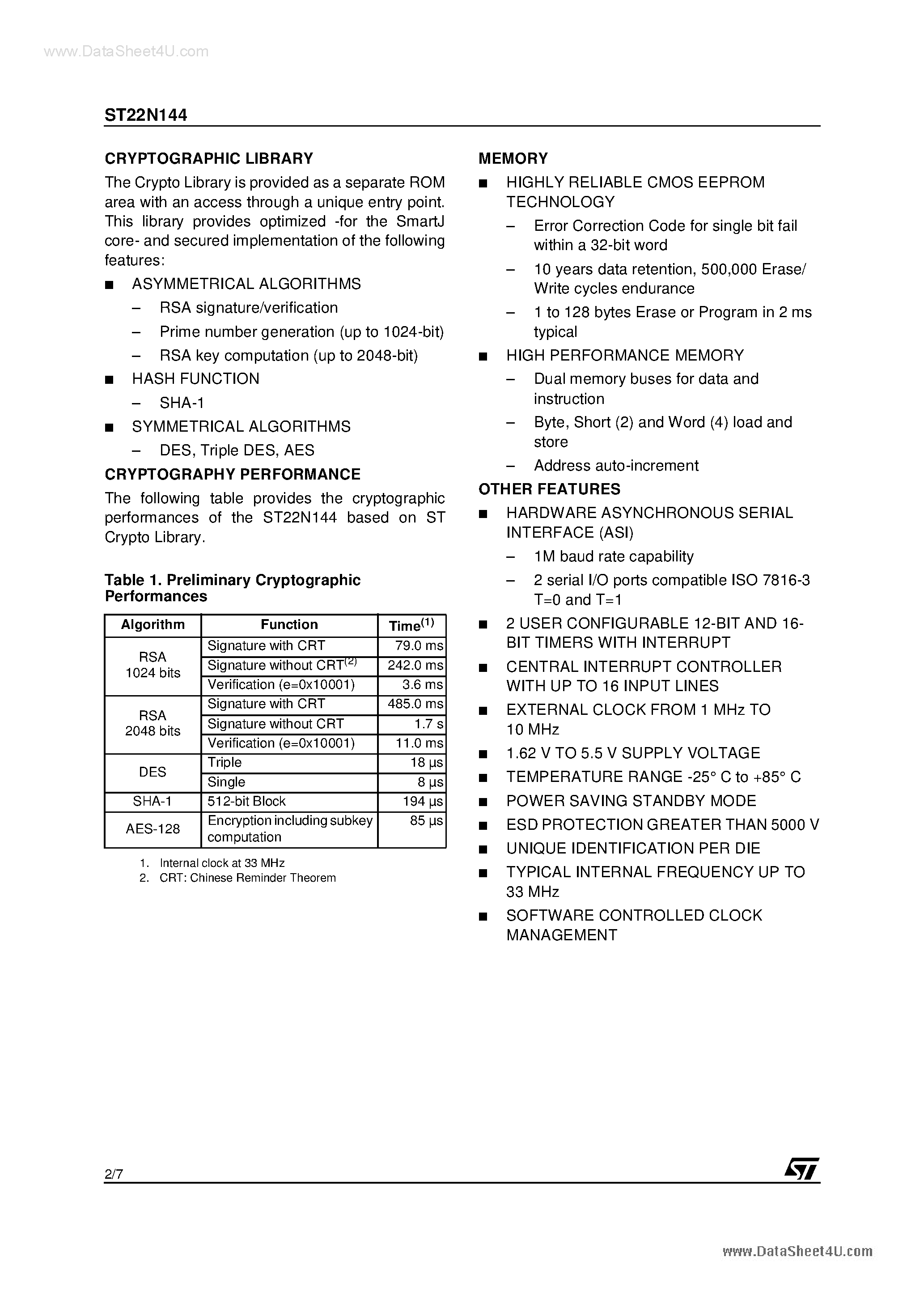 Datasheet ST22N144 page 2 Datasheet ST22N144 - Smartcard 32-Bit RISC MCU page 2