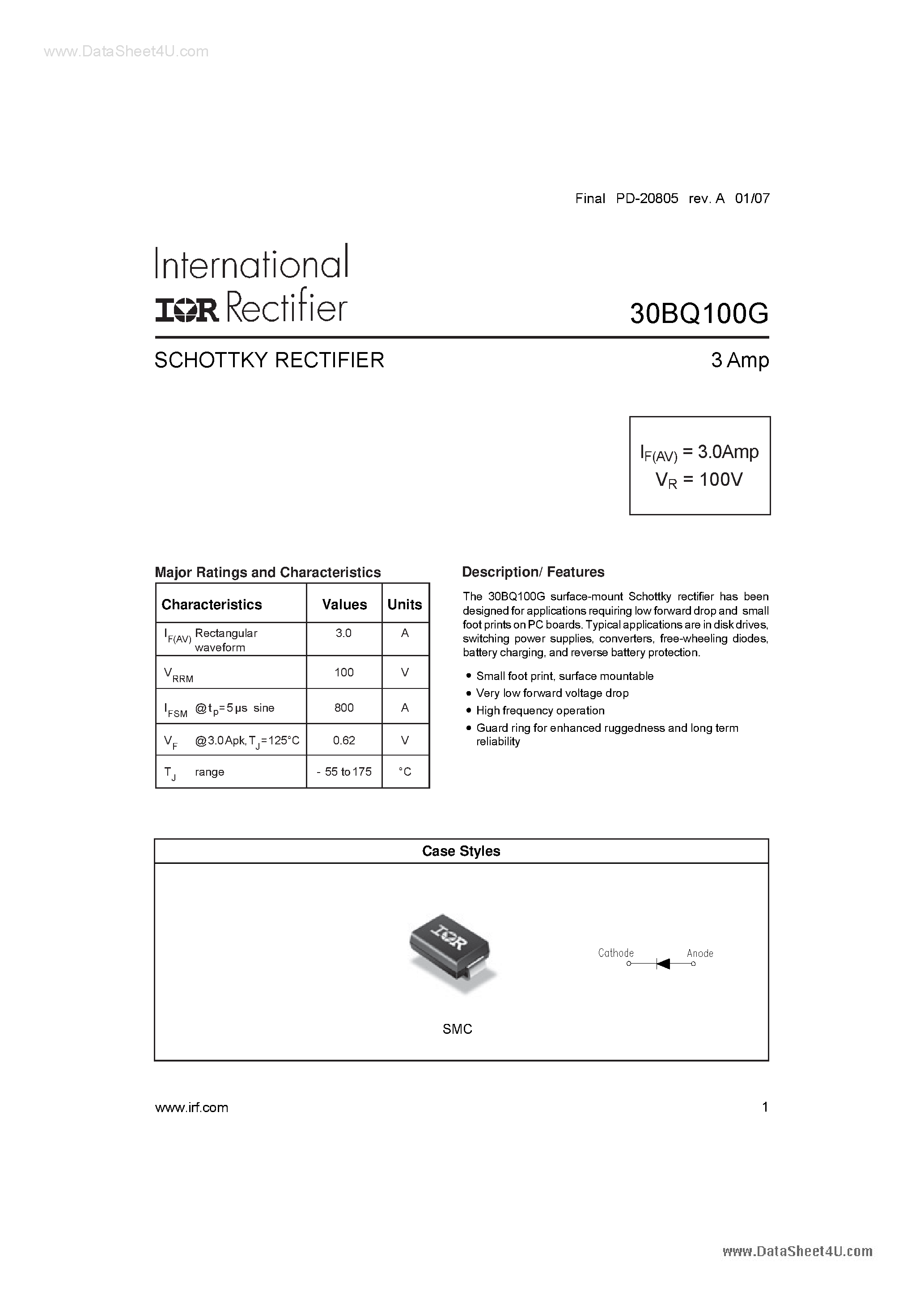 Datasheet 30BQ100G page 1 Datasheet 30BQ100G - SCHOTTKY RECTIFIER page 1