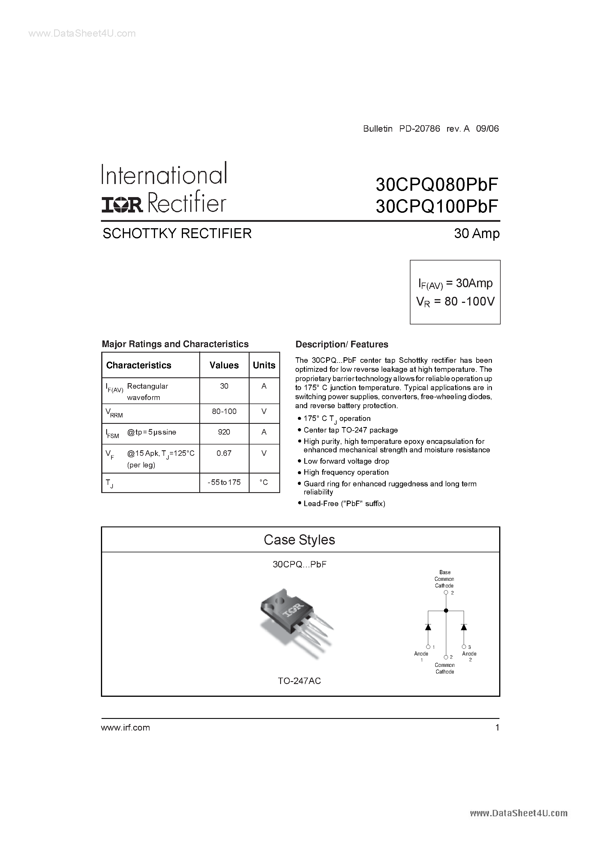 Datasheet 30CPQ080PBF - (30CPQ080PBF / 30CPQ100PBF) SCHOTTKY RECTIFIER page 1