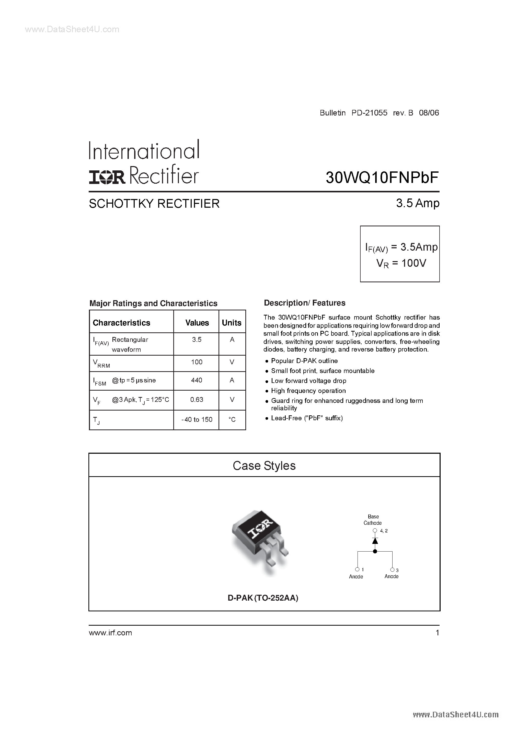Datasheet 30WQ10FNPBF - SCHOTTKY RECTIFIER page 1